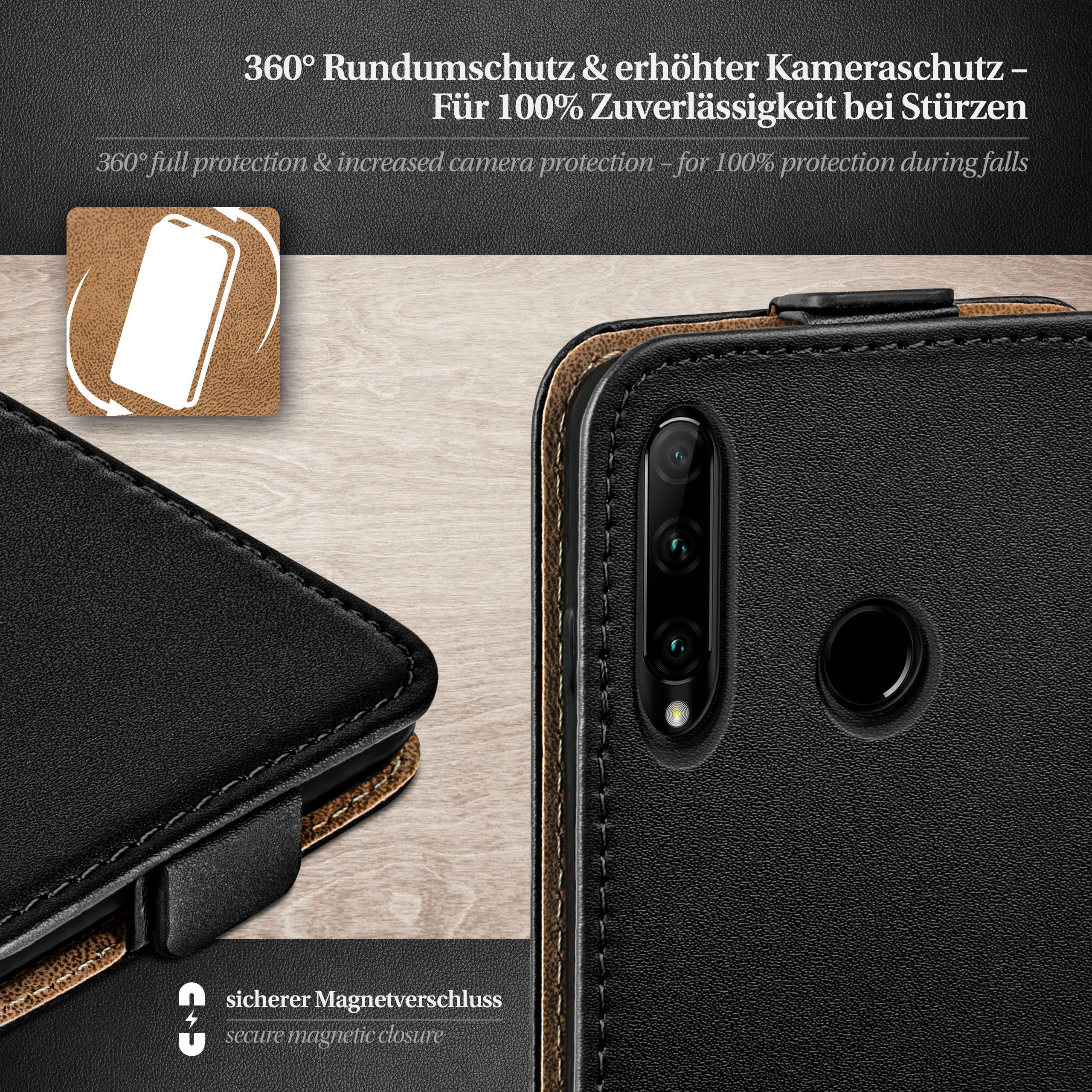 Schwarze Handyhülle mit brauner Leder-Optik und Magnetverschluss. Text auf Deutsch.