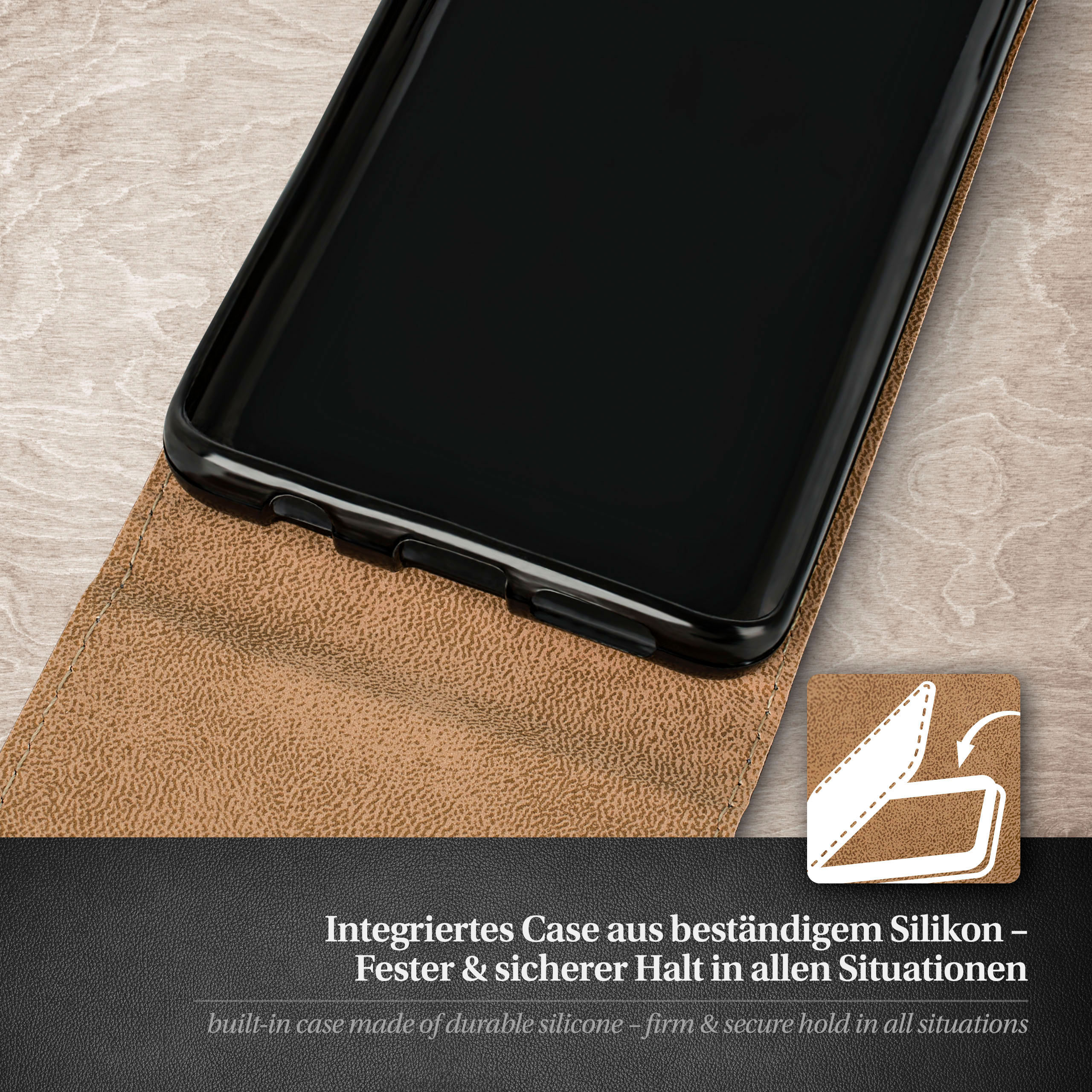 Eine schwarze Handyhülle mit brauner, lederartiger Abdeckung, geöffnet, mit Telefon darin.