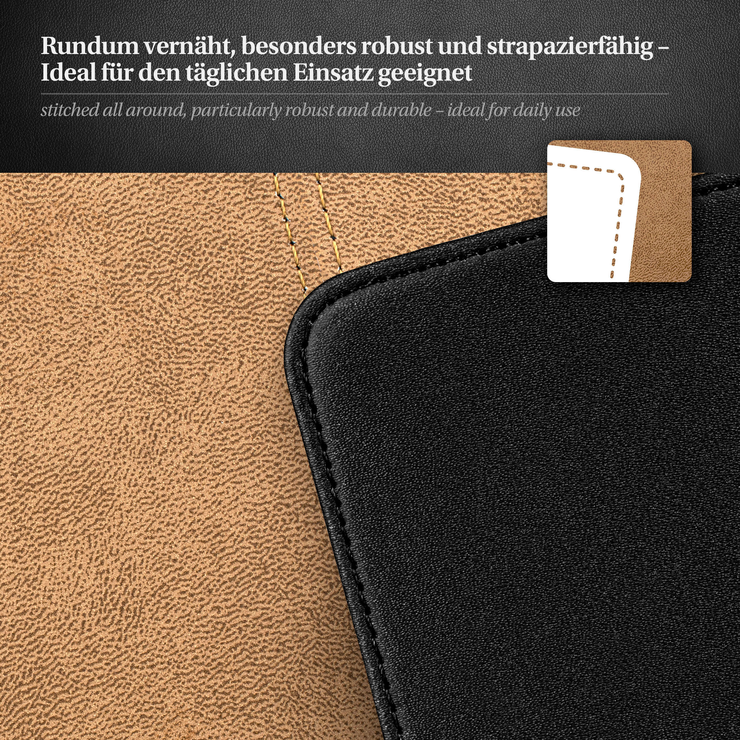 Nahaufnahme von braunem und schwarzem genähtem Material. Beige und Schwarz.