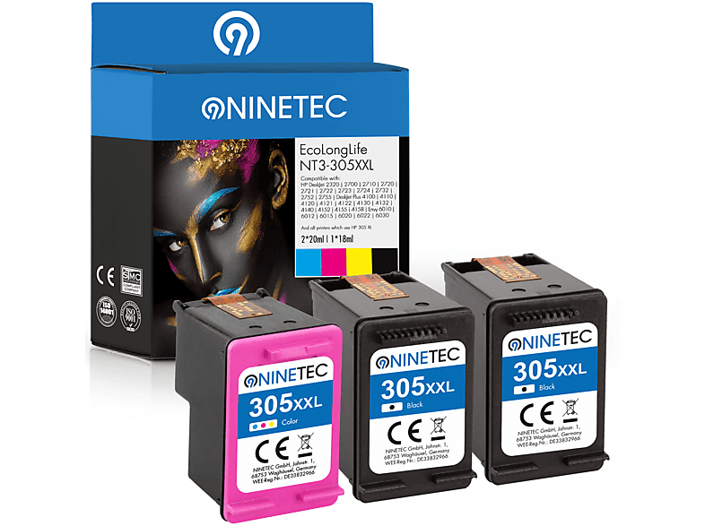 NINETEC 3er Set EcoLongLife Patronen ersetzt HP 305XXL Tintenpatronen black, color (cyan, magenta, yellow) (3YM62AE, 3YM63AE)