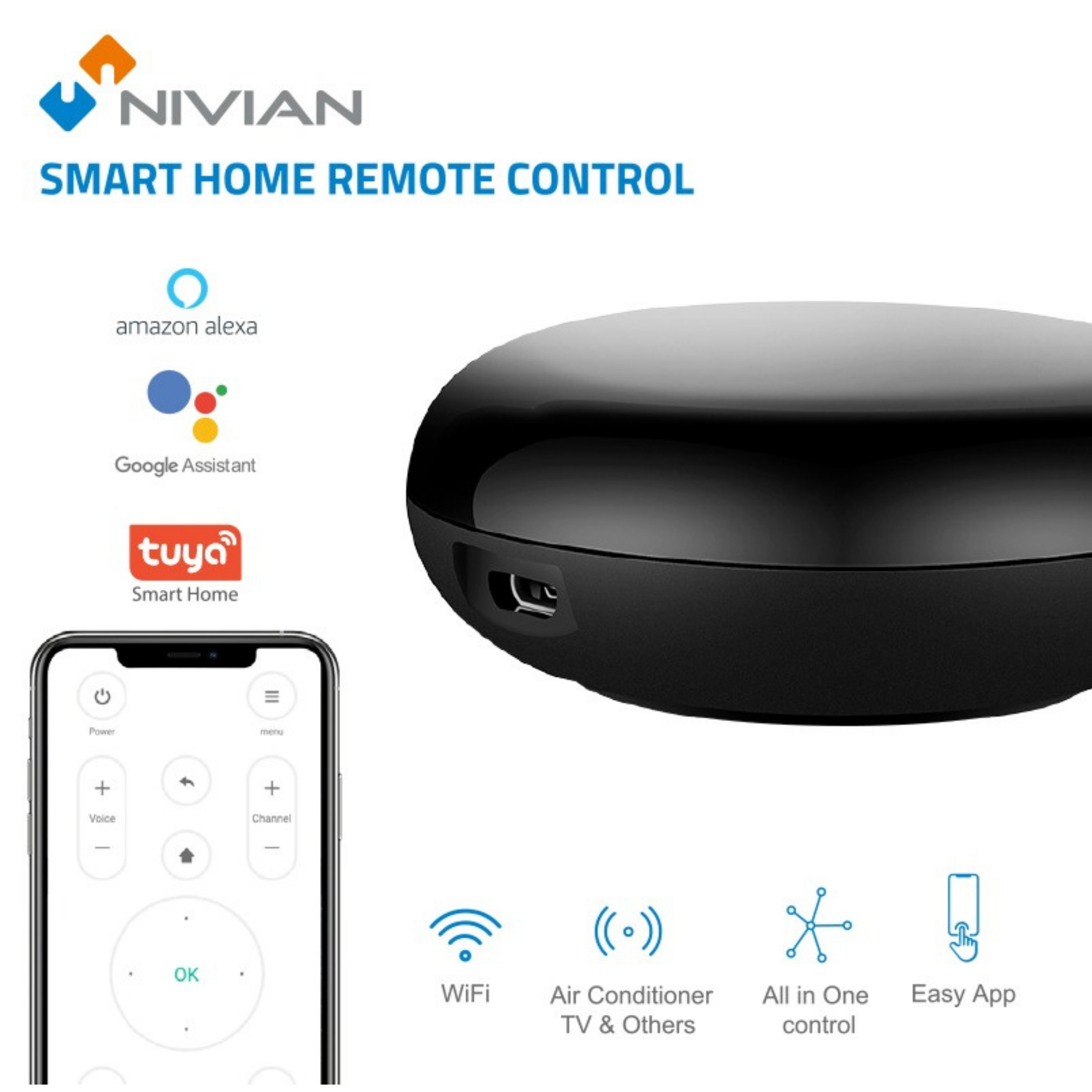 Un mando a distancia inteligente negro, ovalado. Tiene un teléfono, y los logos de Alexa y Google.