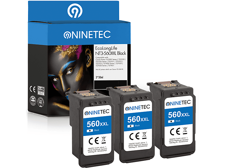 NINETEC 3er Set EcoLongLife Patronen ersetzt Canon PG-560XXL Tintenpatronen black (3712 C 001)