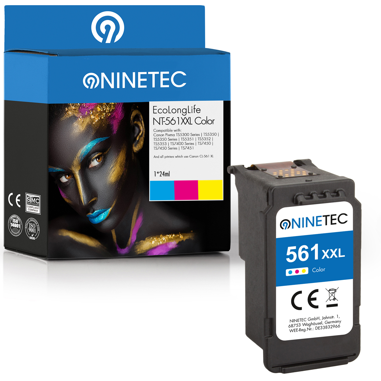 NINETEC 2er Set Patronen CL-561XL Tintenpatronen ersetzt XXL magenta, color 001) (cyan, Canon EcoLongLife (3730 C yellow)