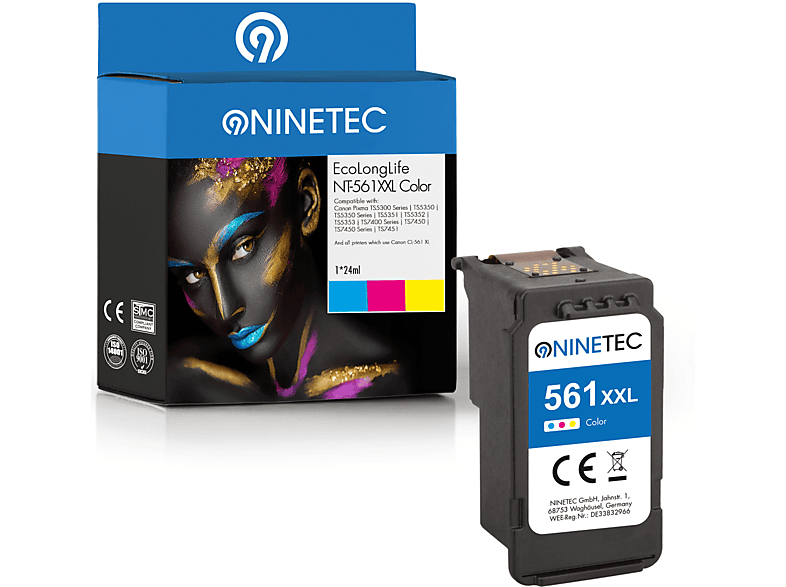 NINETEC 2er Set EcoLongLife Patronen ersetzt Canon CL-561XL XXL Tintenpatronen color (cyan, magenta, yellow) (3730 C 001)