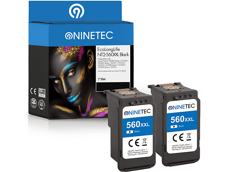 NINETEC 2er Set EcoLongLife Patronen ersetzt Canon PG-560 XXL Black Tintenpatronen black (3712 C 001, 3730 C 001)