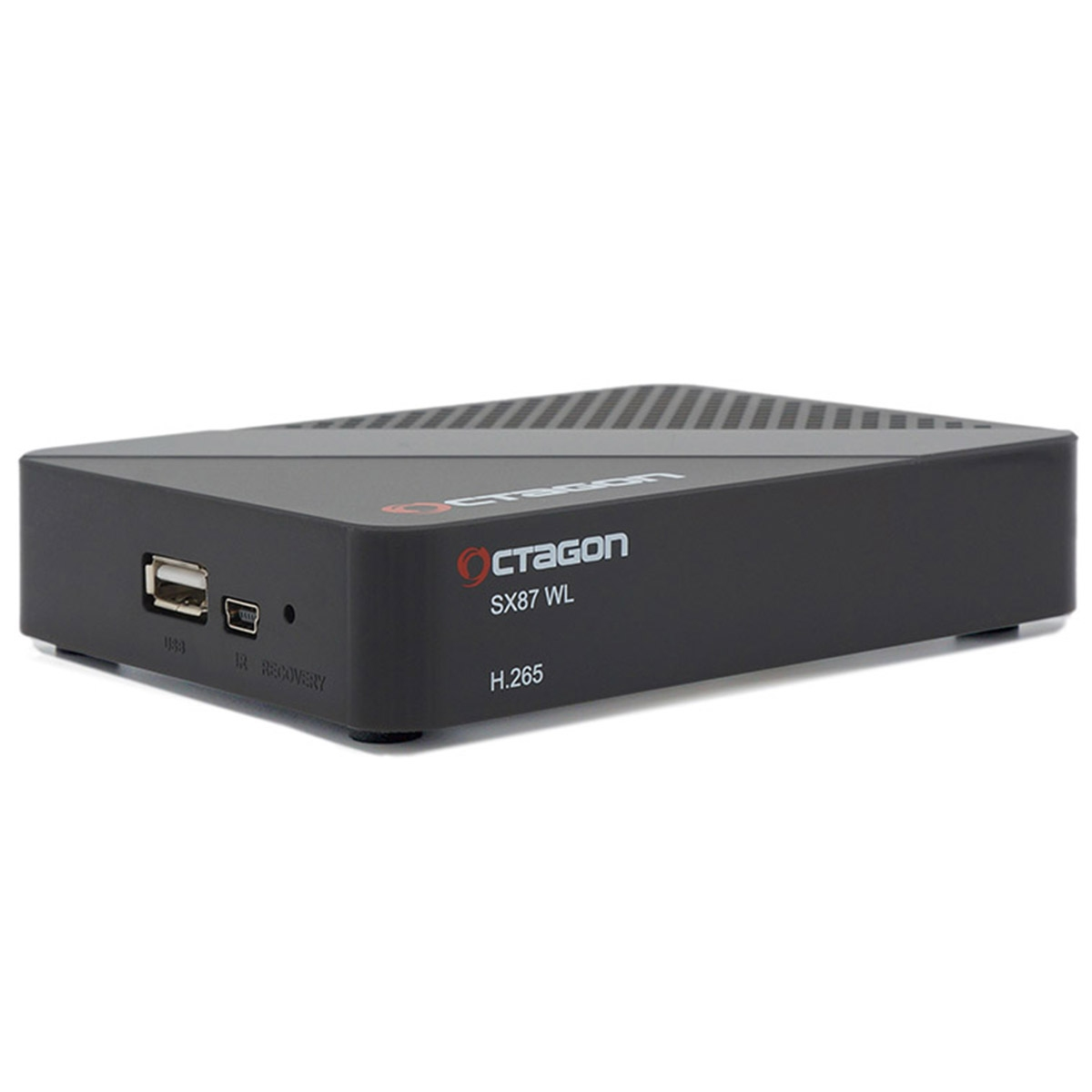 Schwarzer Octagon SX87 WL Receiver mit USB-Anschlüssen und H.265 Logo. Weißer Hintergrund.