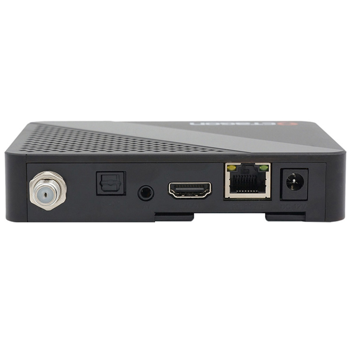 Schwarze Set-Top-Box mit Anschlüssen. Die Box hat einen Antennenanschluss, einen HDMI-Anschluss und einen Ethernet-Anschluss.