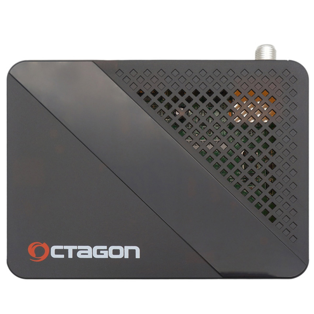 Eine schwarze Octagon Set-Top-Box auf weißem Hintergrund.
