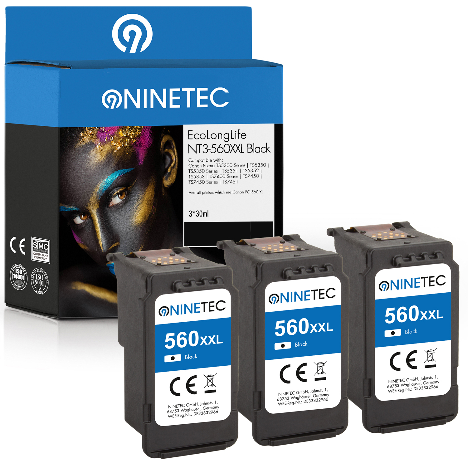 NINETEC 3er Set EcoLongLife Patronen 3730 ersetzt (3712 C black, PG-560 XXL 001, magenta, yellow) CL-561XL color (cyan, Canon Tintenpatronen C 001)