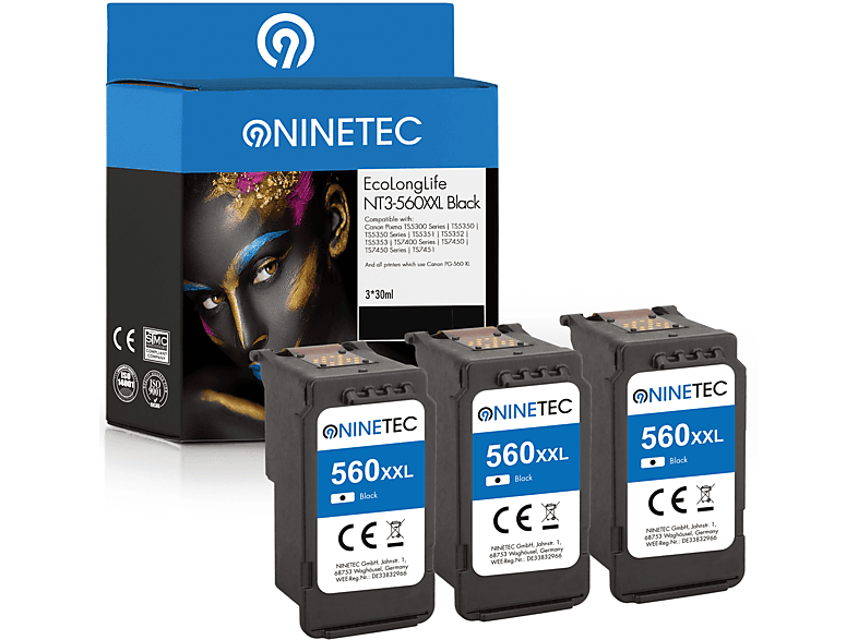 NINETEC 3er Set EcoLongLife Patronen ersetzt Canon PG-560 CL-561XL XXL Tintenpatronen black, color (cyan, magenta, yellow) (3712 C 001, 3730 C 001)