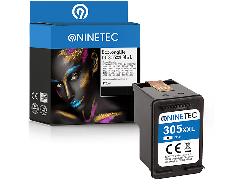 NINETEC 1 EcoLongLife Patrone ersetzt HP 305XXL Tintenpatrone black (3YM62AE)