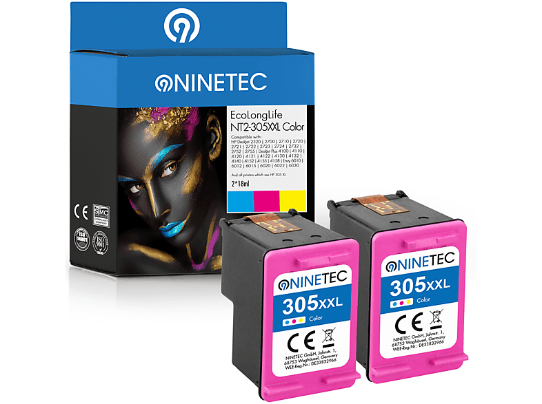 NINETEC 2er EcoLongLife Patrone ersetzt HP 305XXL Tintenpatronen color (cyan, magenta, yellow) (3YM63AE)