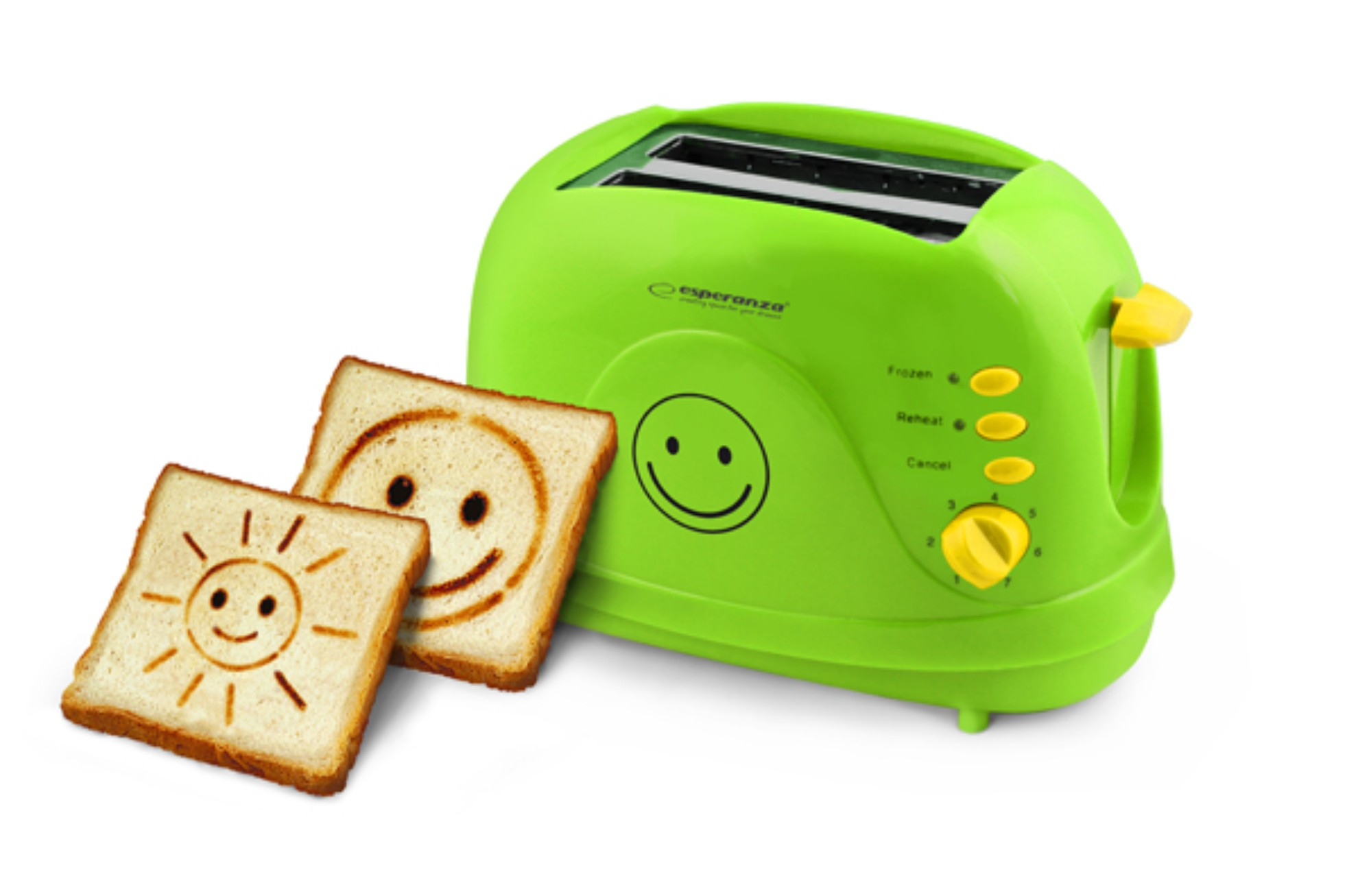 Grüner Toaster mit Smiley-Gesicht und zwei Brotscheiben mit Smiley-Gesichtern.