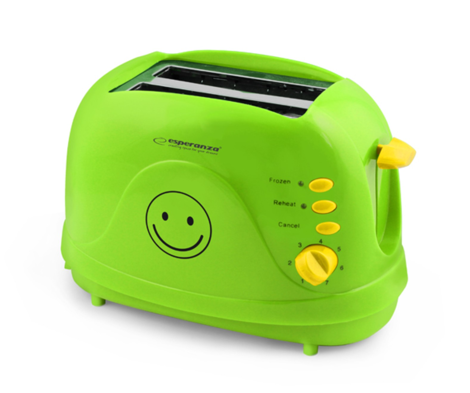 Grüner Toaster mit Smiley-Gesicht, gelben Knöpfen und Drehknopf, weißer Hintergrund.