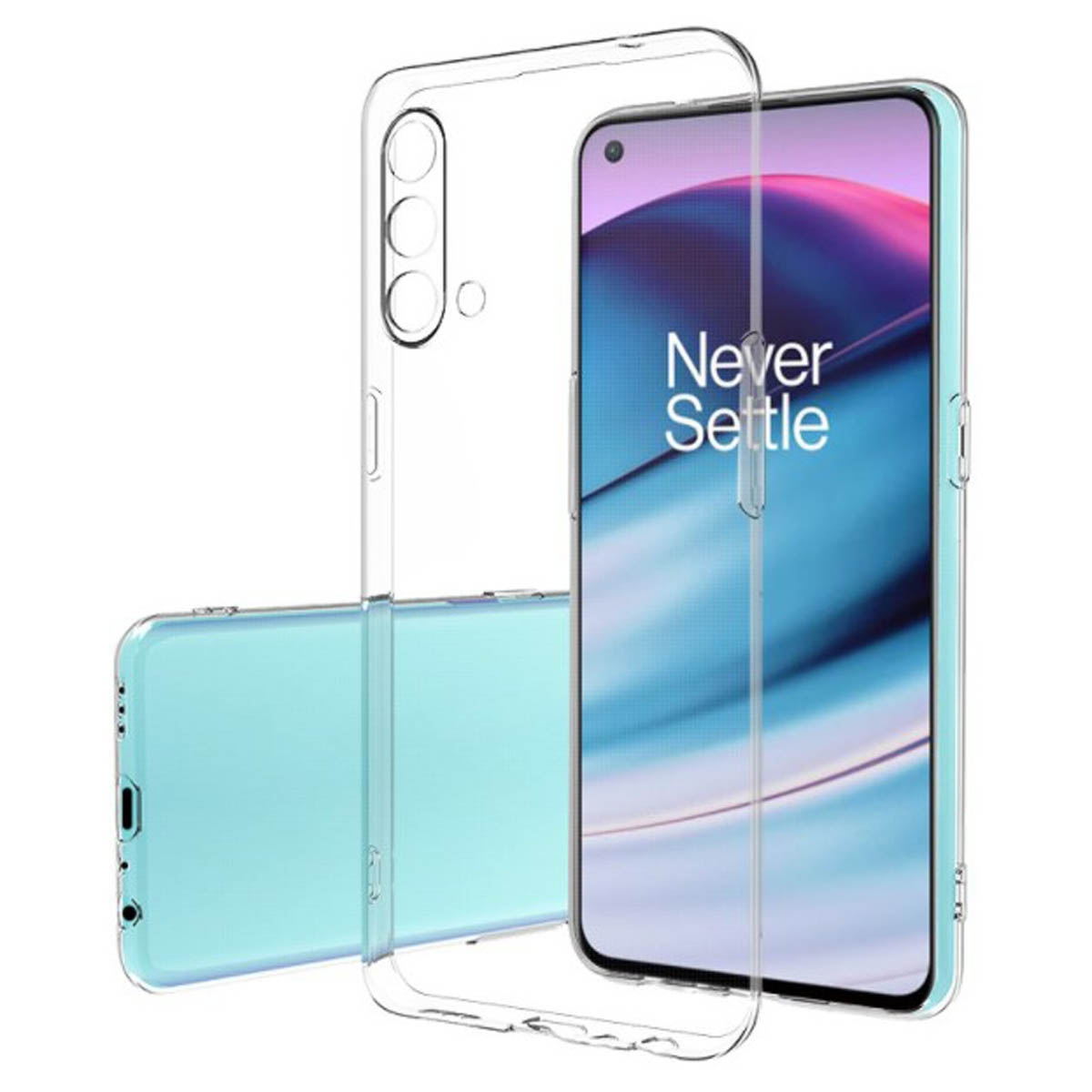 Transparente Handyhülle mit blauem Telefon. Weißer Hintergrund.