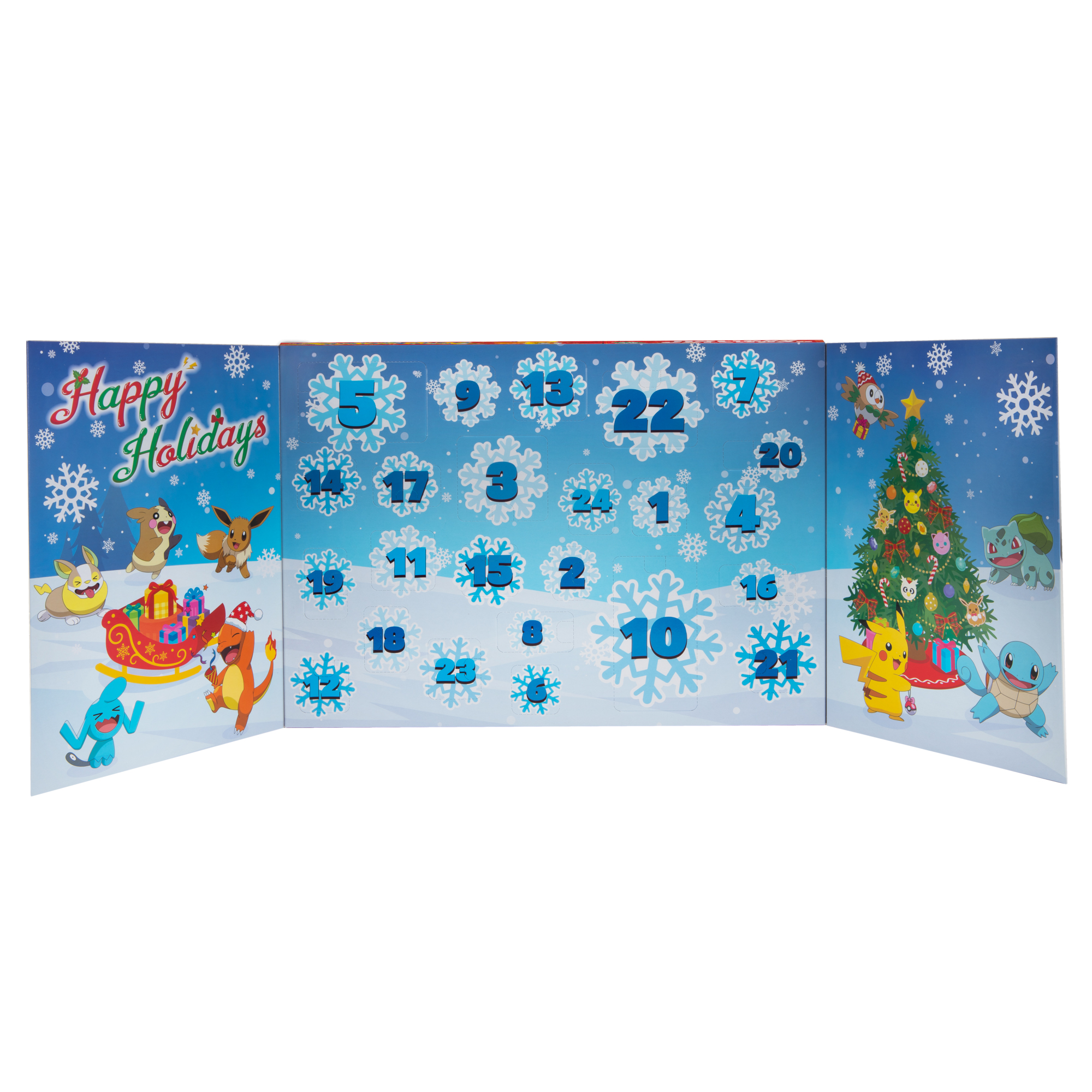 Un colorato calendario dell'Avvento natalizio con personaggi Pokémon e fiocchi di neve. Sfondo bianco.