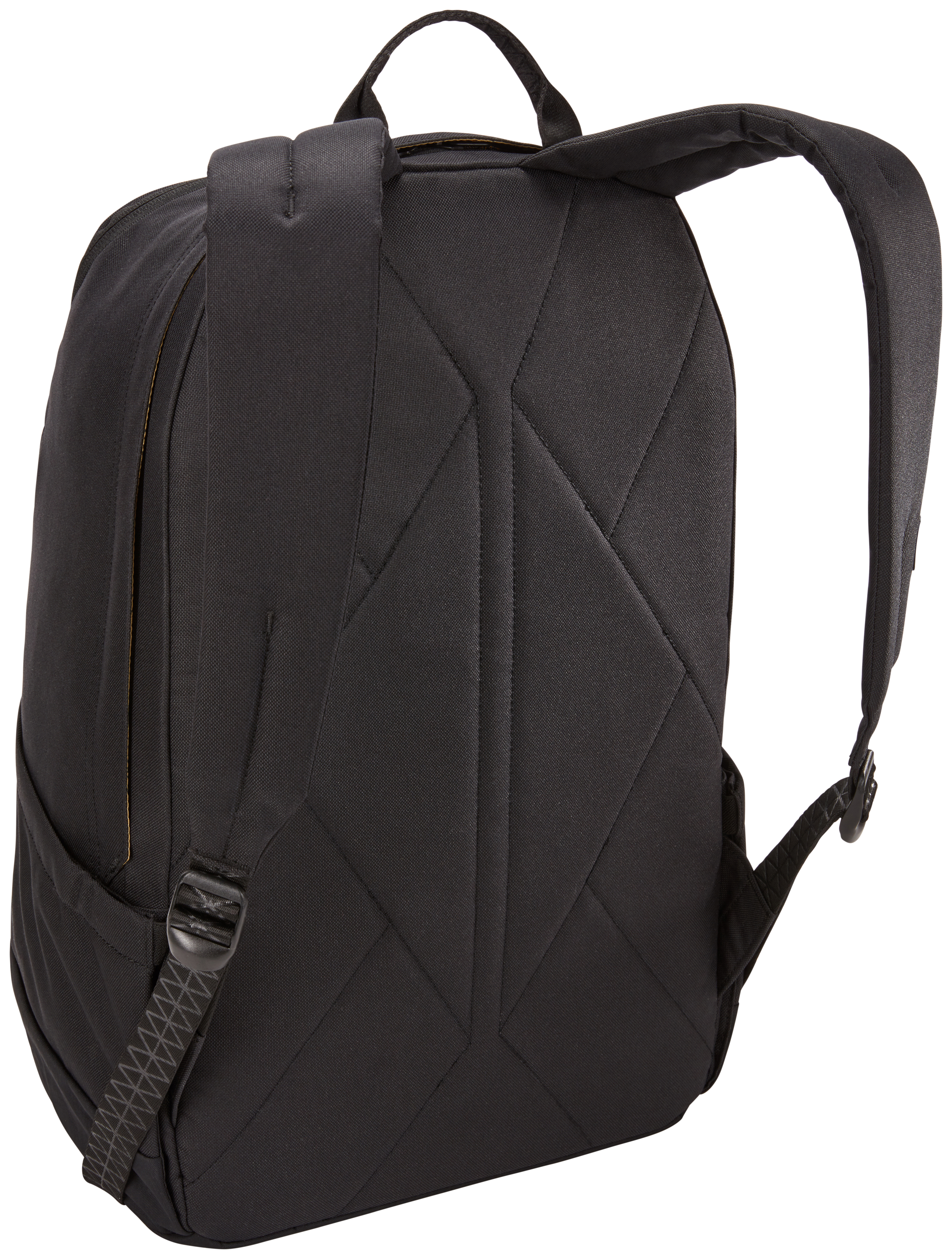 Ein schwarzer Rucksack mit strukturierter Rückwand.