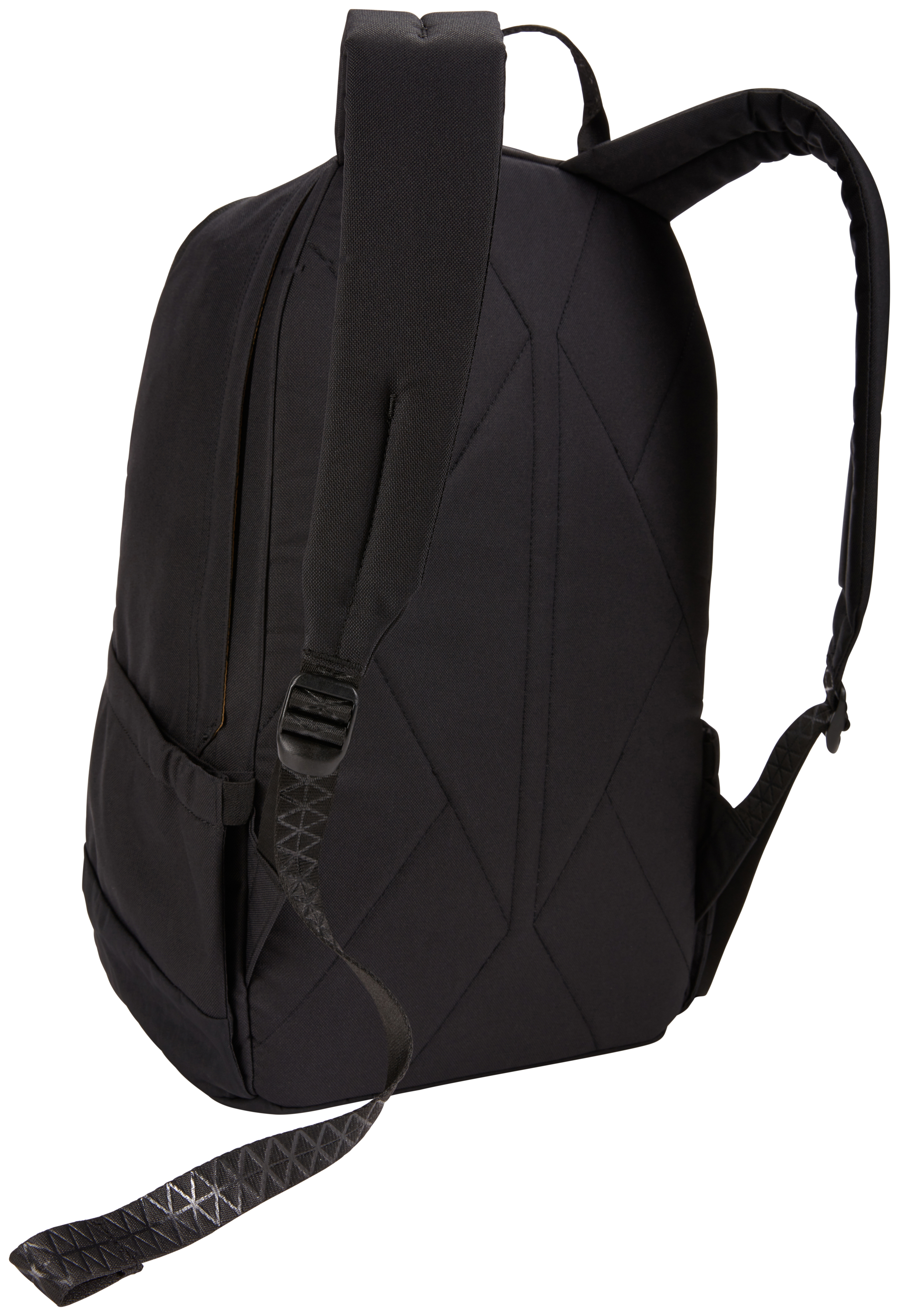 Schwarzer Rucksack. Rückansicht, zeigt Gurte und Details.