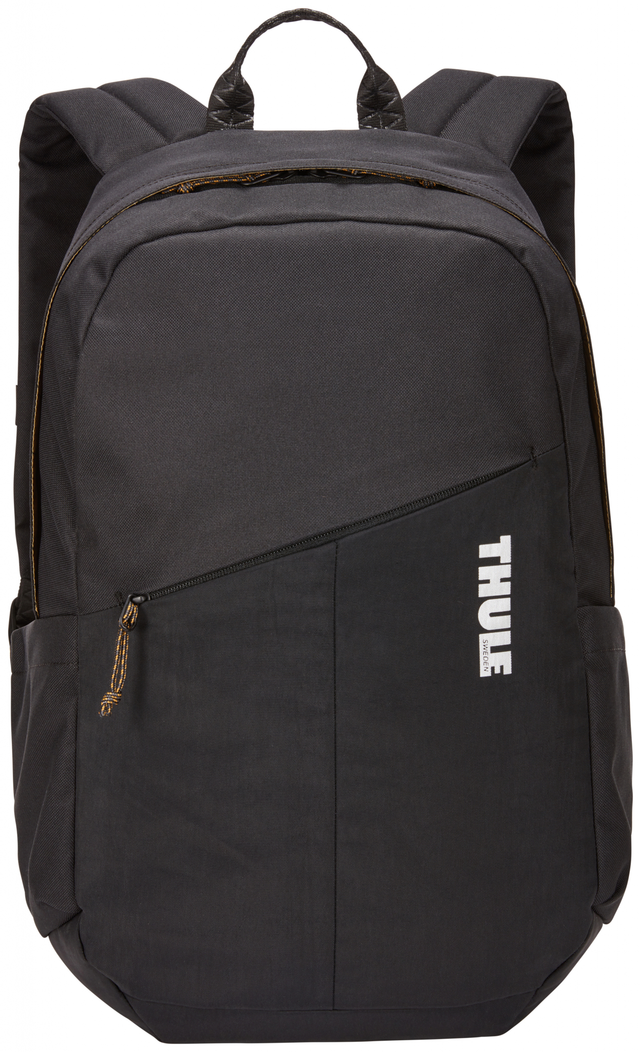 Uno zaino nero con una tasca con cerniera e la parola THULE in bianco.