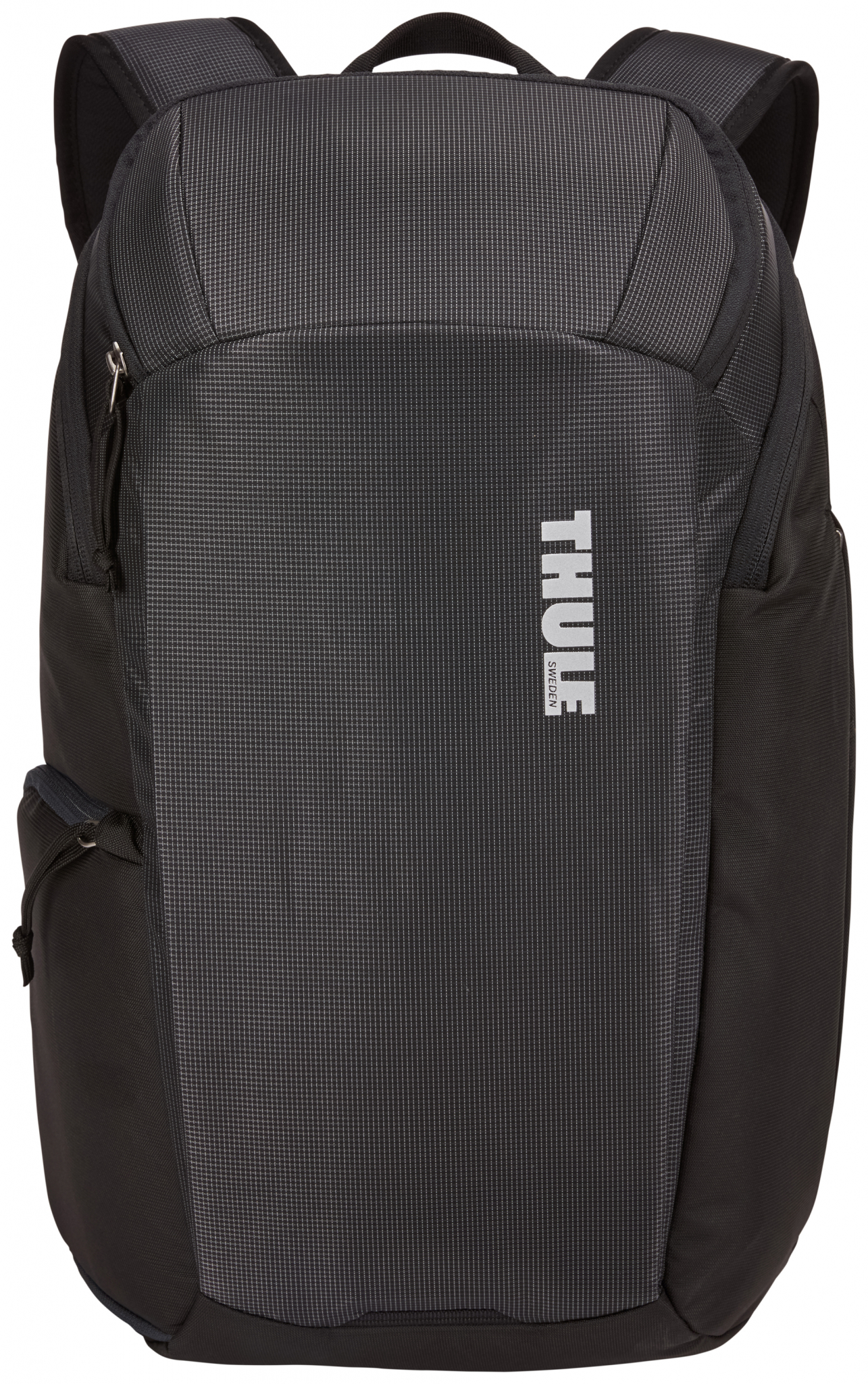 Ein schwarzer Rucksack mit grauem Frontpanel. Er hat ein weißes THULE-Logo.