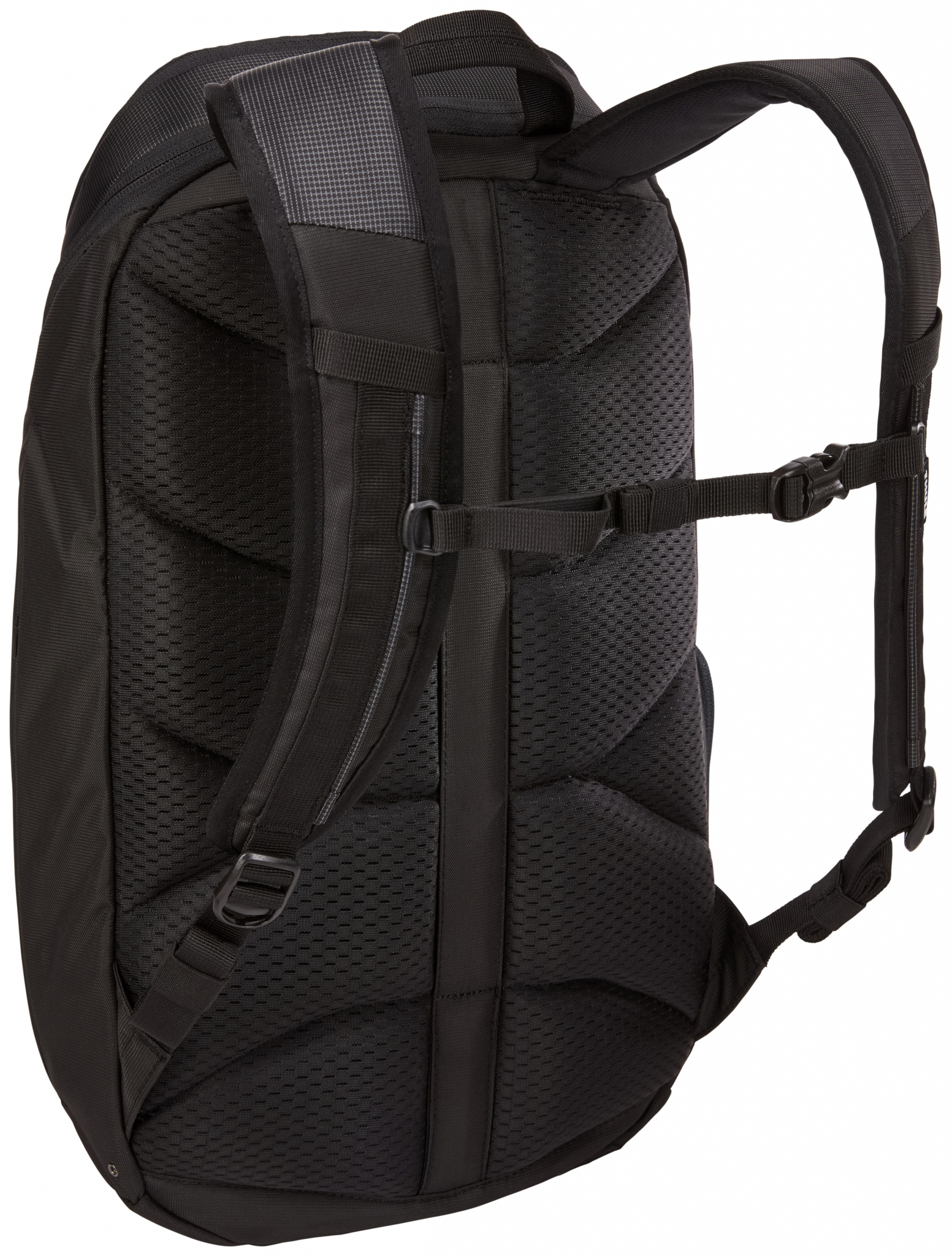 Schwarzer Rucksack, Rückansicht, mit gepolsterten Trägern und Mesh.