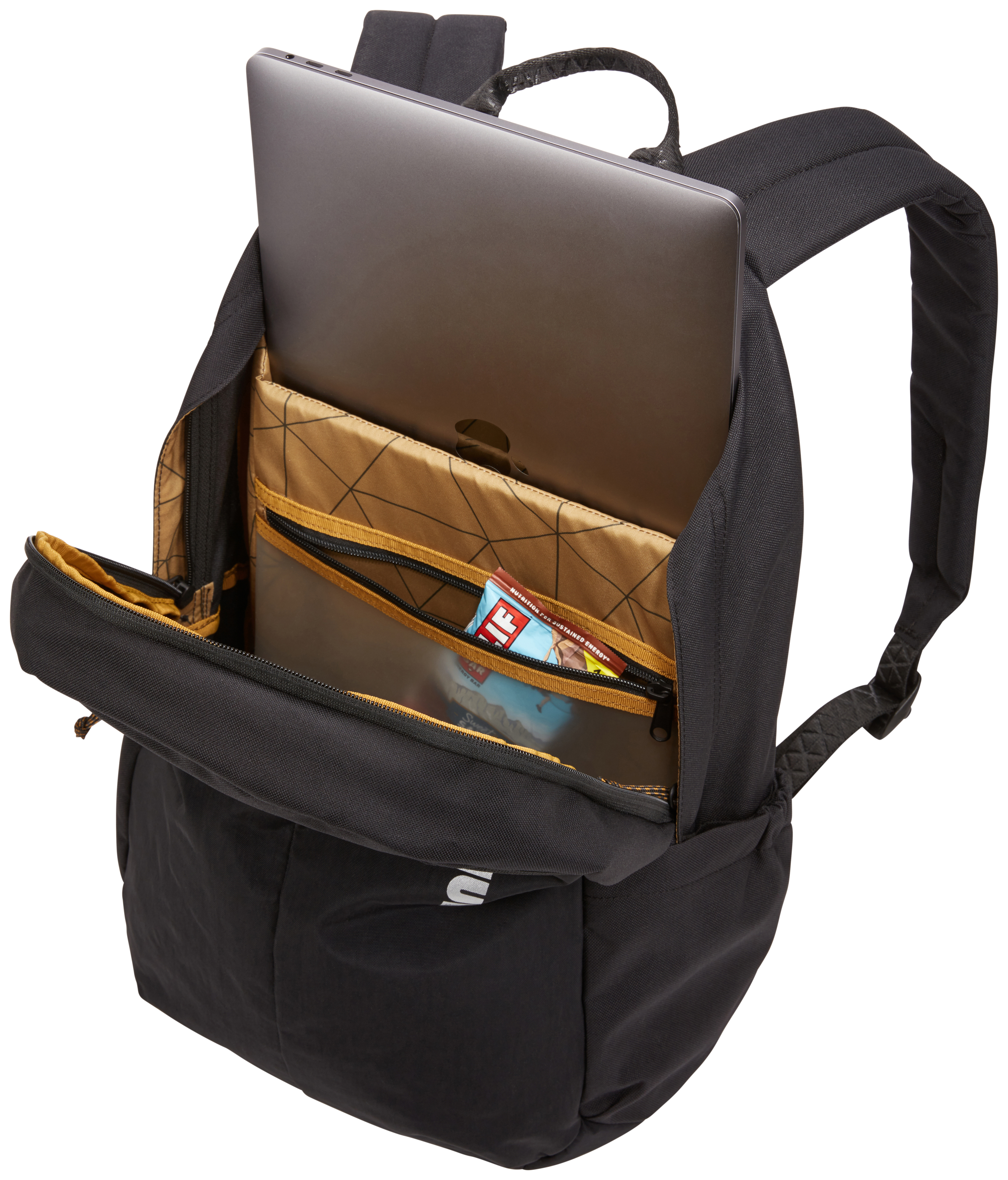 Zaino nero, aperto, con laptop e tasca trasparente con barretta. Interno beige.