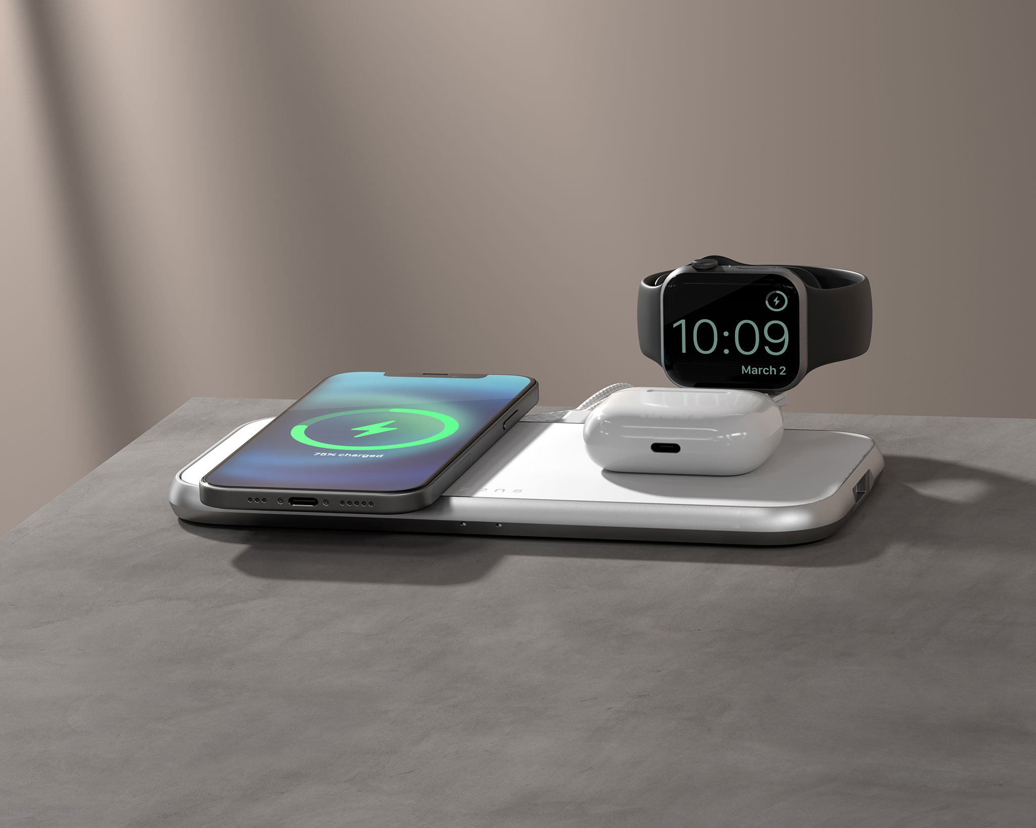 Kabelloses Ladegerät mit Telefon, Uhr und Ohrhörern auf einem Tisch, modernes Design.