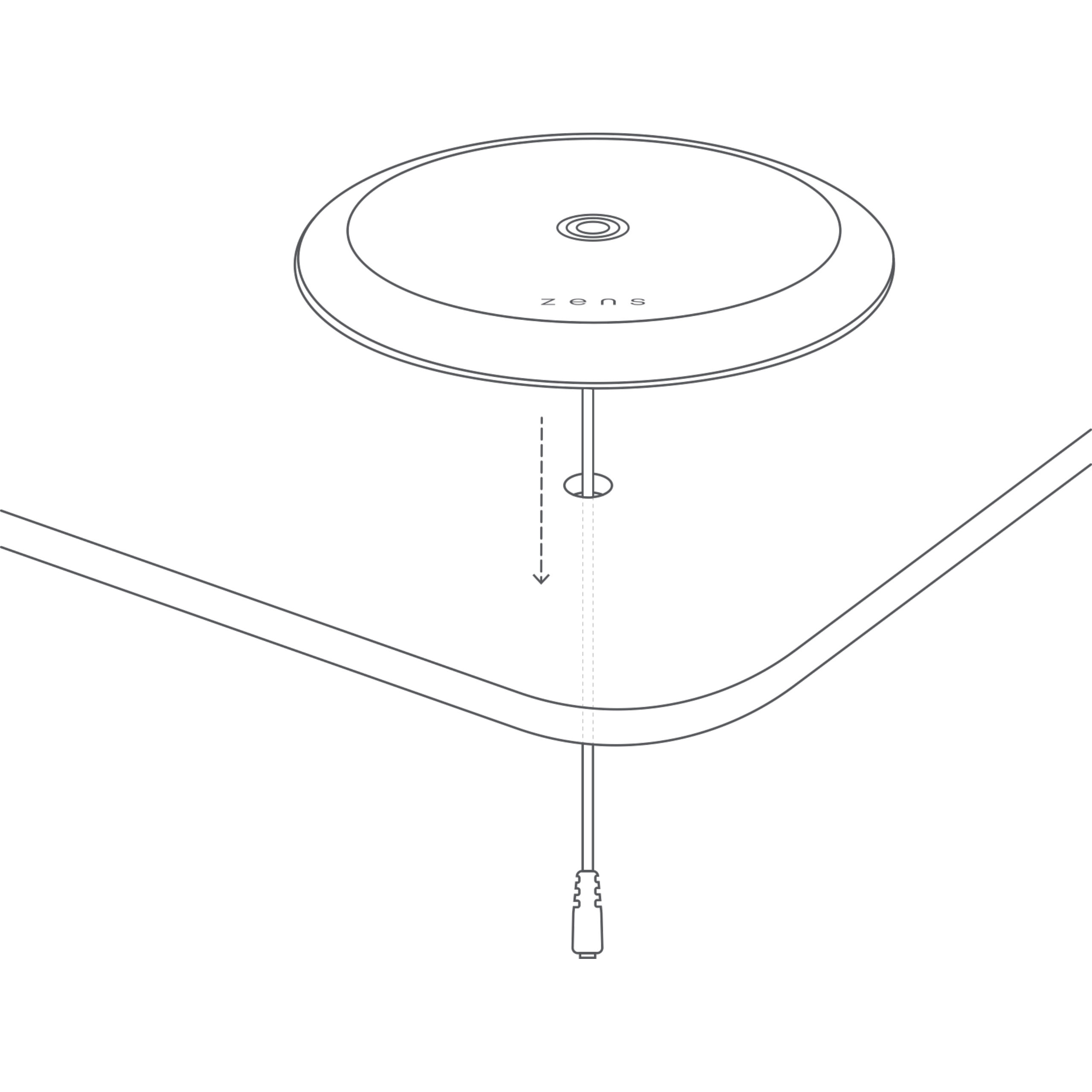 Eine Strichzeichnung eines Zens-Wireless-Ladegeräts mit einem Netzkabel, das mit einer Oberfläche verbunden ist.