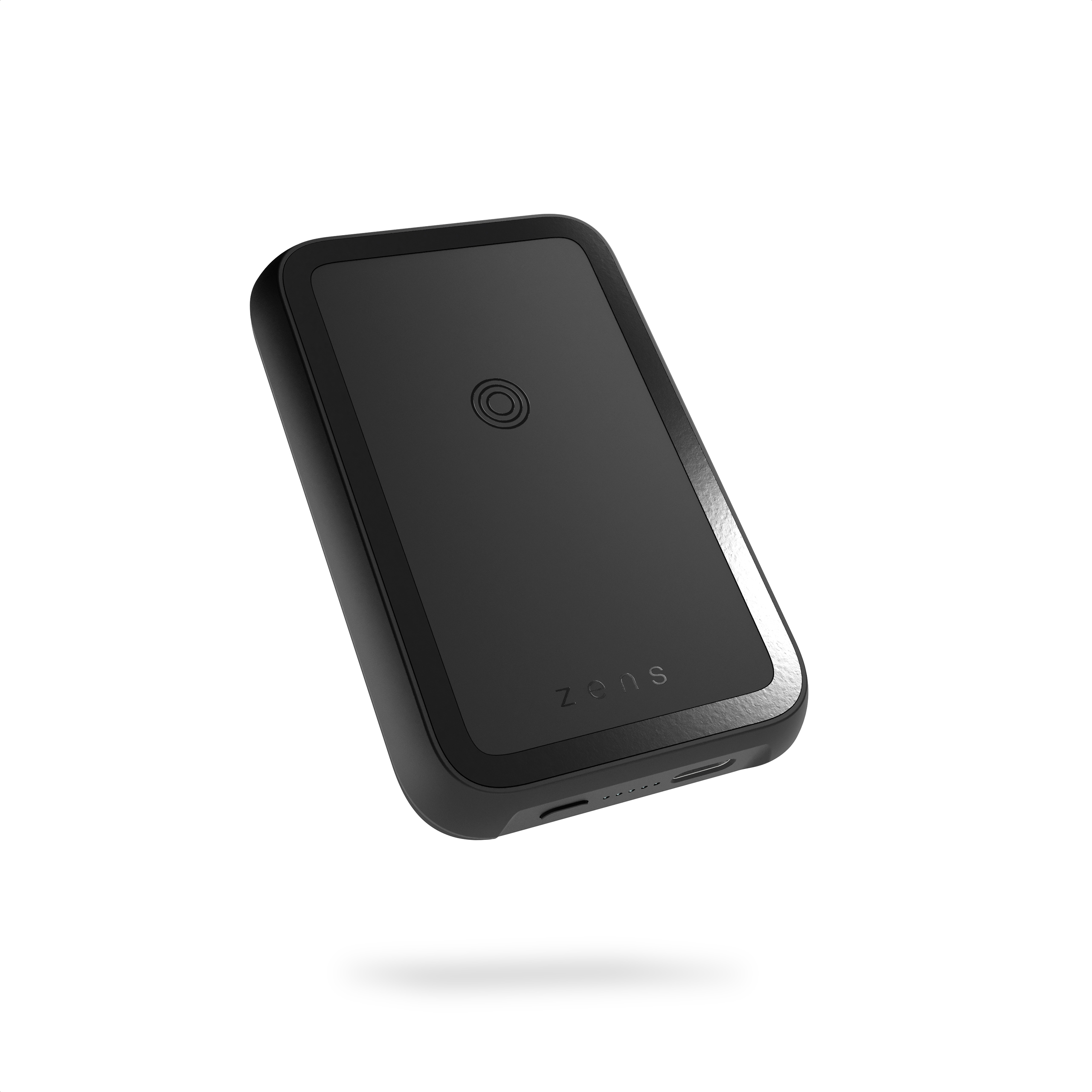 Un caricatore wireless rettangolare nero con angoli arrotondati. Lo sfondo è bianco.
