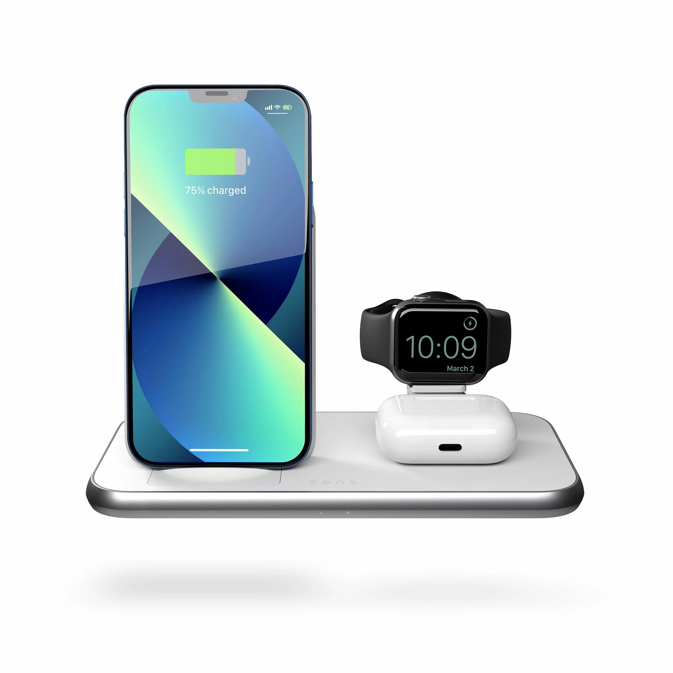 Telefonladestation mit Telefon, das 75 % geladen anzeigt, einer Uhr und Ohrhörern. Weißer Hintergrund.