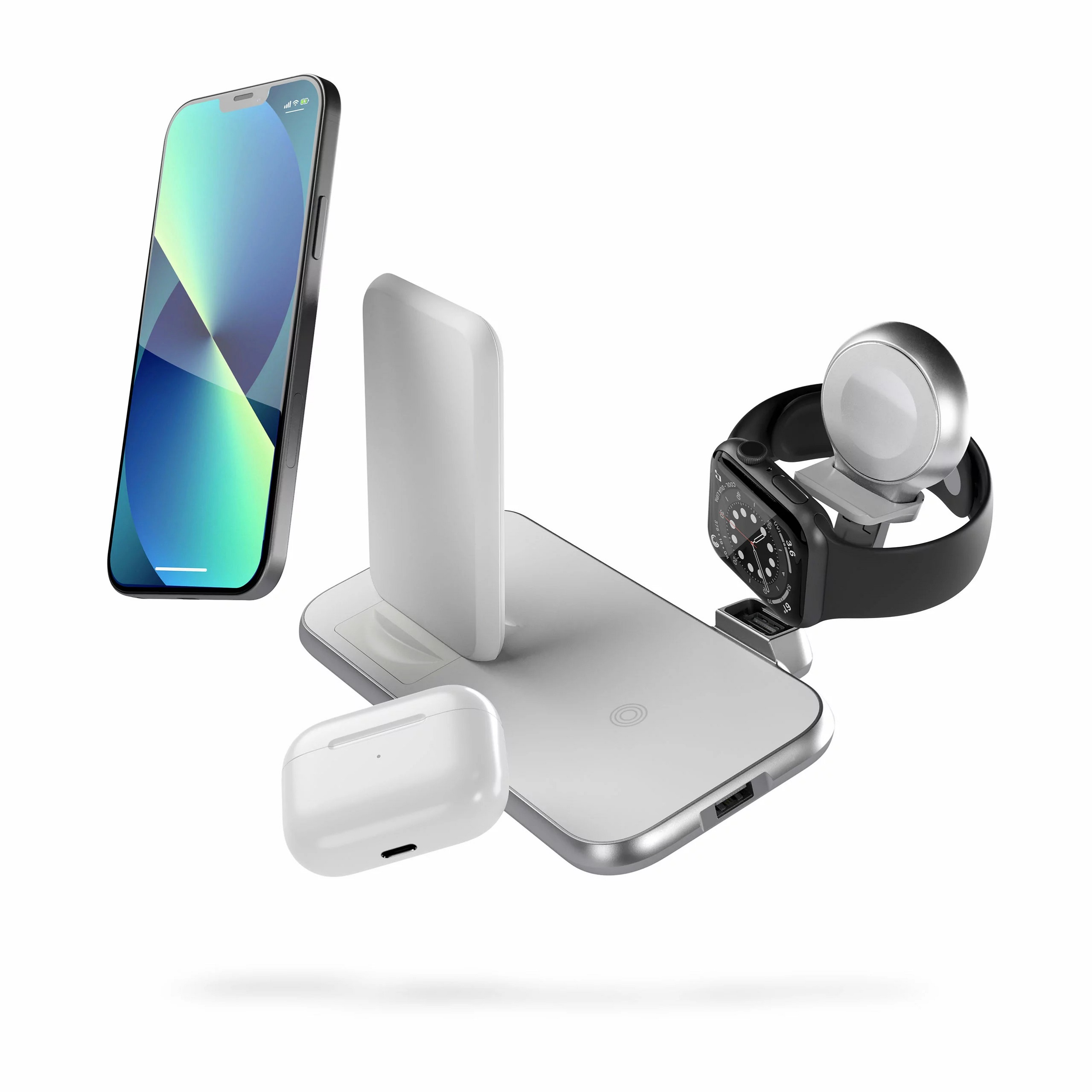 Kabellose Ladestation mit Handy, Ohrhörern und Smartwatch. Alle Artikel weiß.