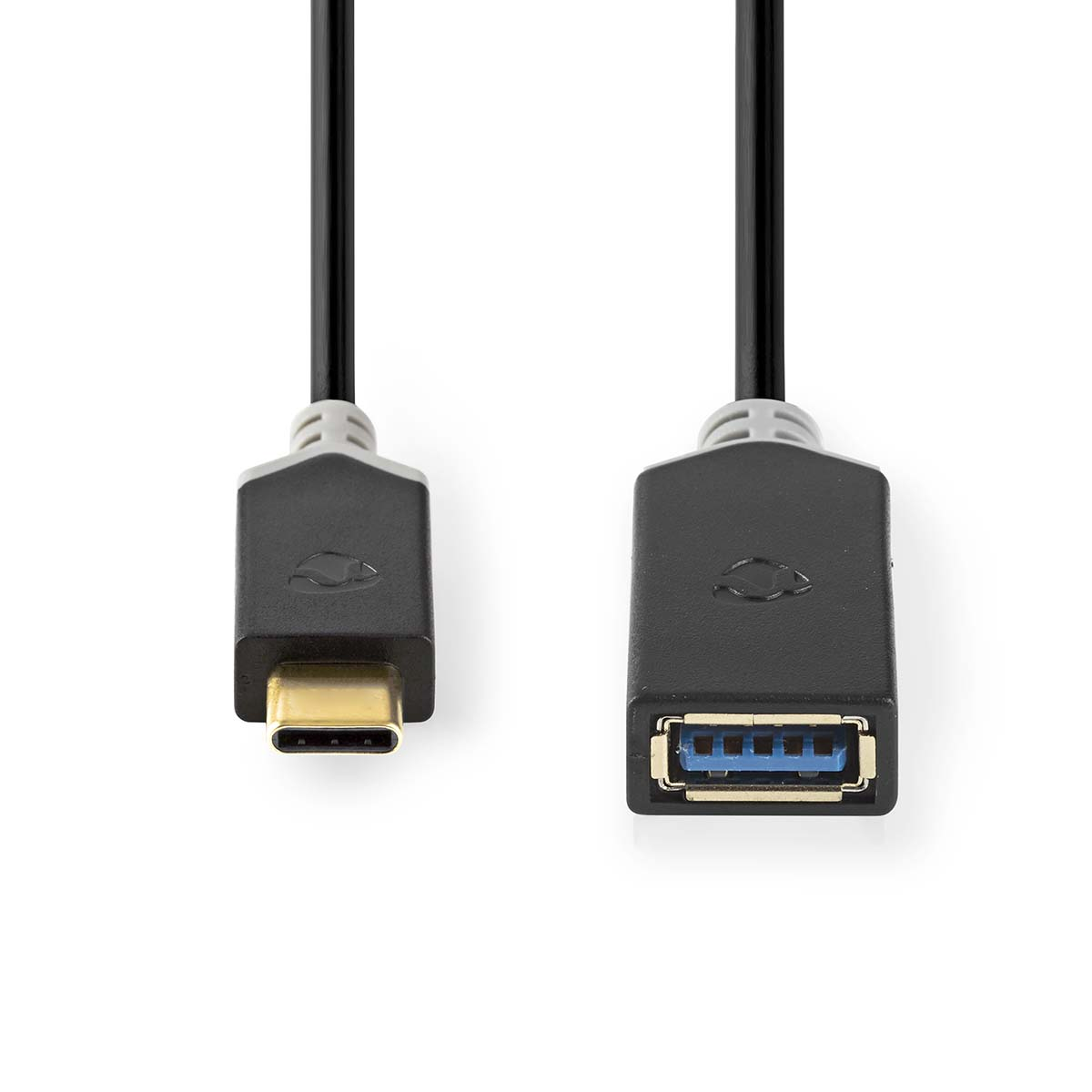 USB-C-zu-USB-A-Kabel. Schwarze Kabel mit grauen Steckern. USB-C- und USB-A-Enden auf weißem Hintergrund.