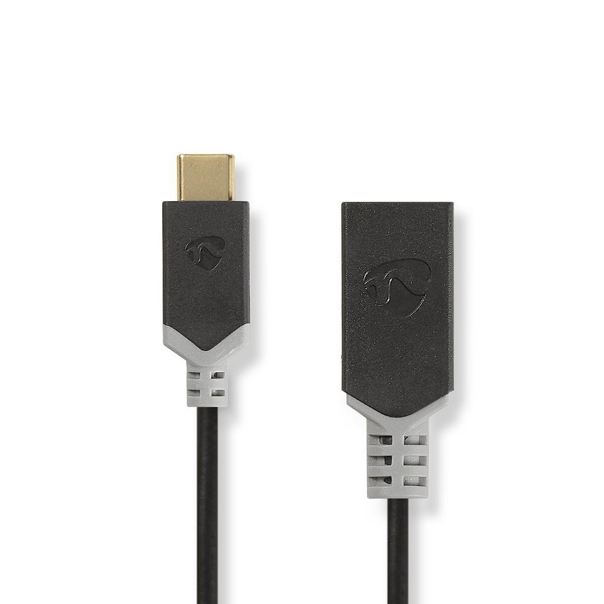 Schwarz-graues Kabel mit Anschlüssen an jedem Ende. Weißer Hintergrund. Kabel mit Logo.