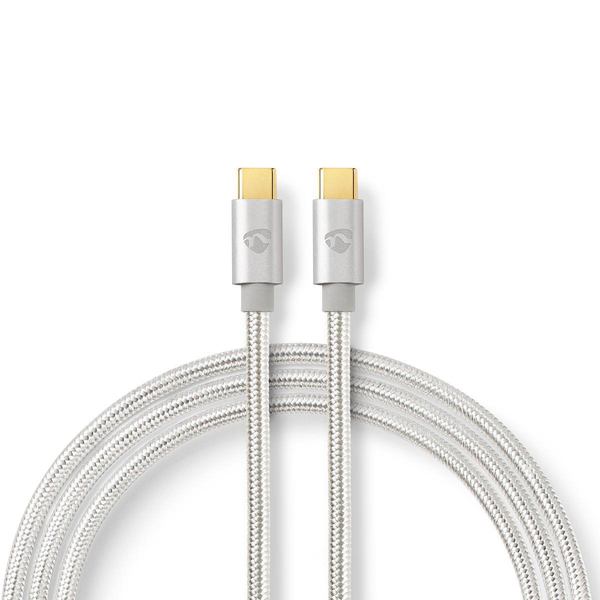 Zwei USB-C-Kabel nebeneinander auf weißem Hintergrund, silber geflochten.