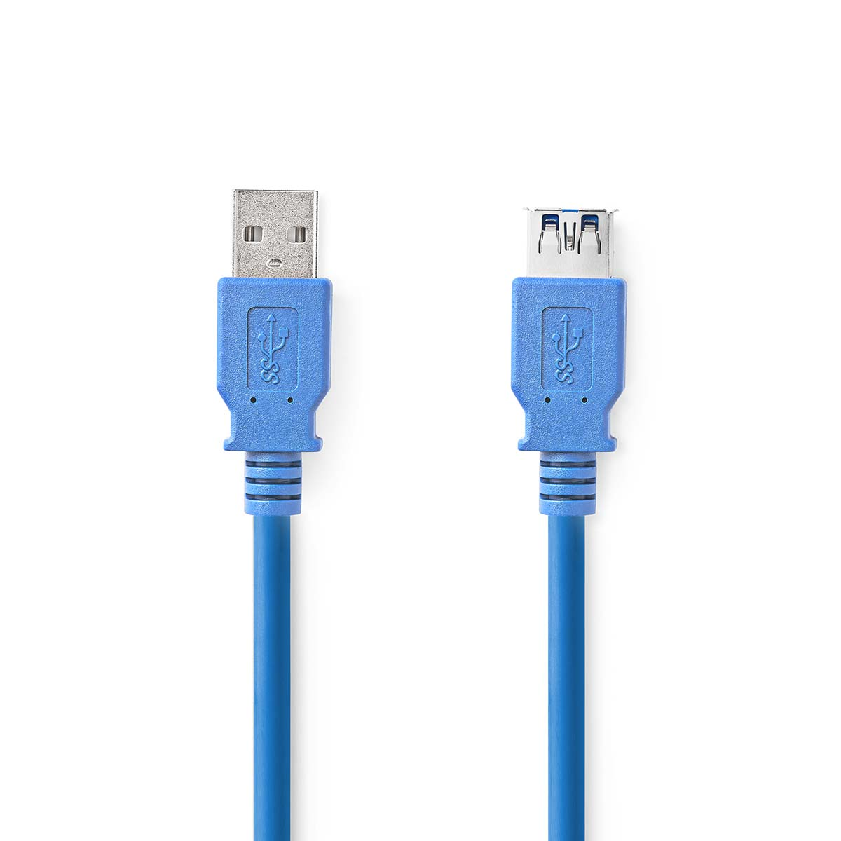 Zwei blaue USB-Kabel mit USB- und USB-A-Anschlüssen auf weißem Hintergrund.