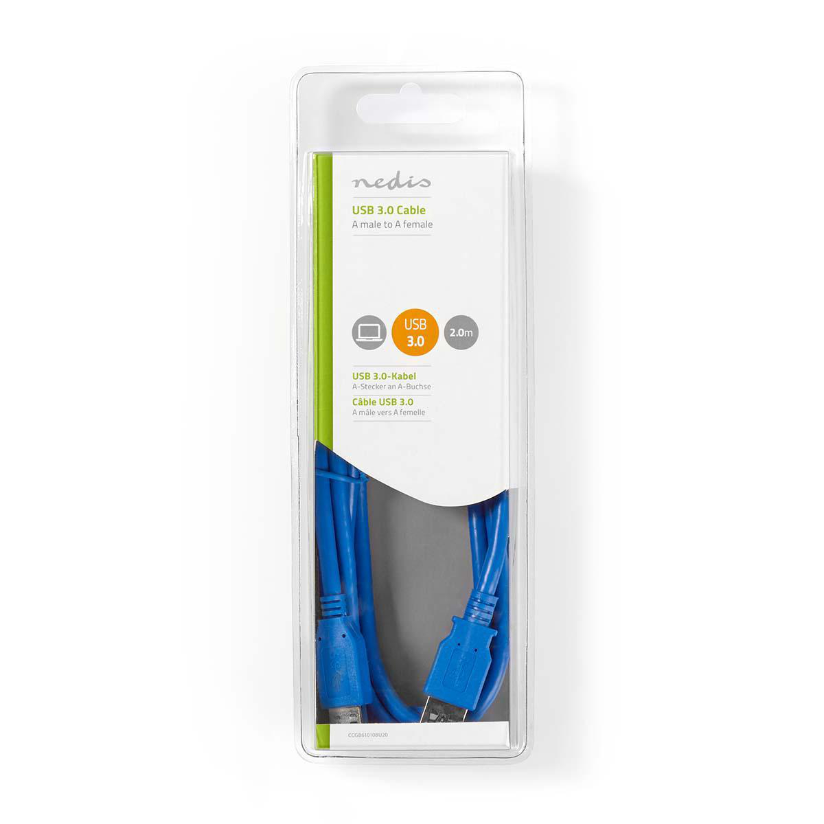 Blaues USB 3.0-Kabel in einer Kunststoffverpackung. Text: 'USB 3.0-Kabel A-Stecker an A-Buchse'.