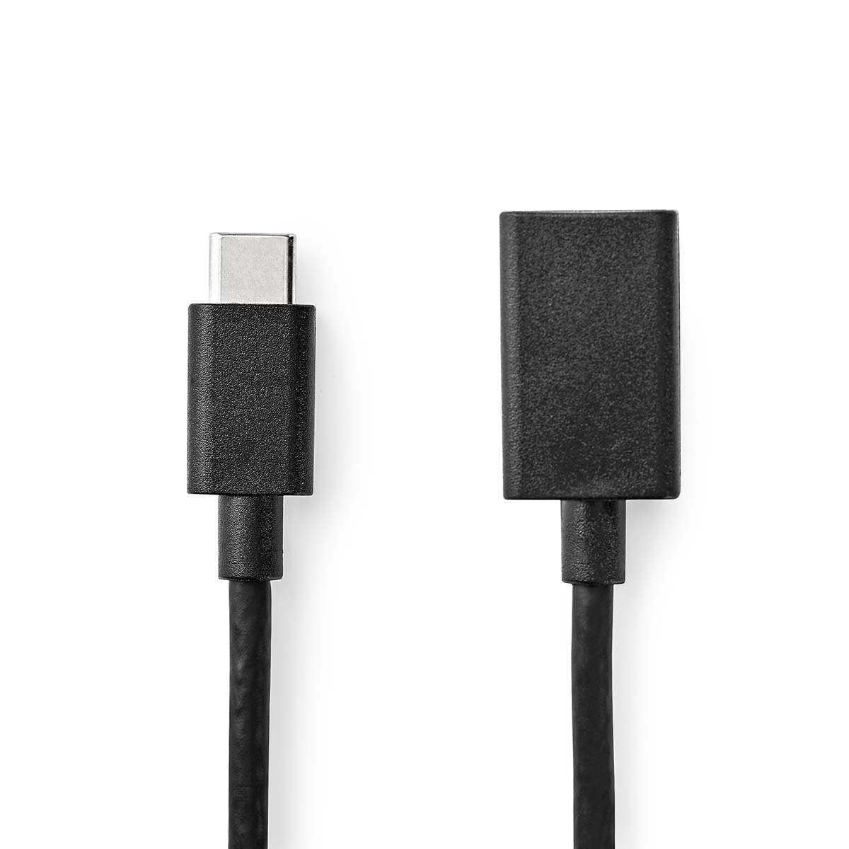 Black USB-C cable and a black USB-C adapter. White background.  