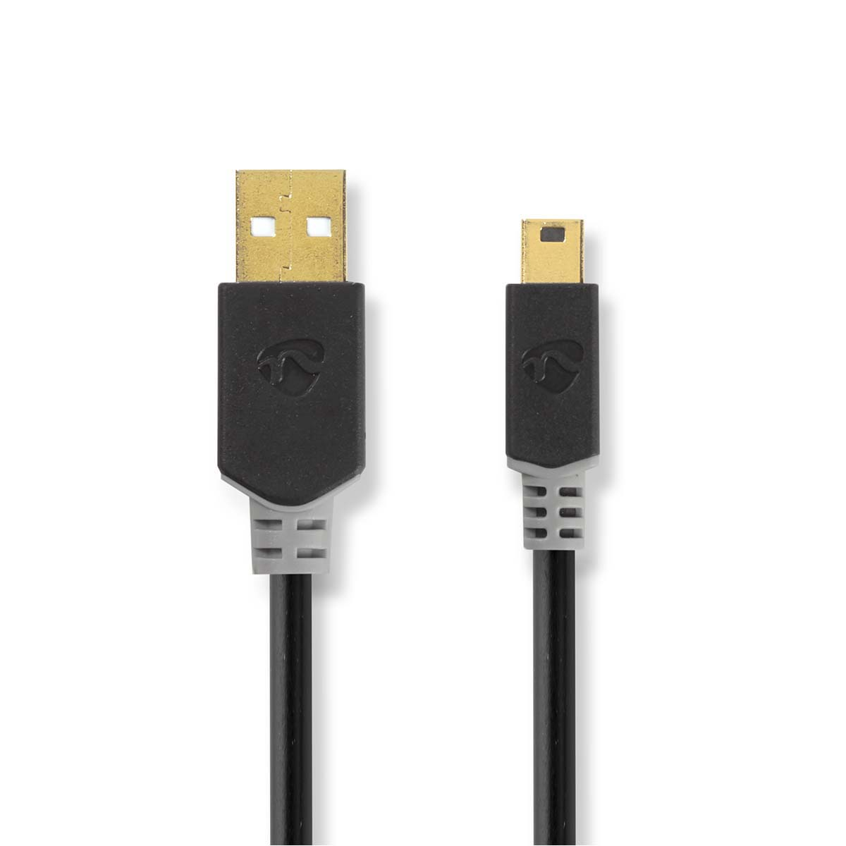 Schwarzes USB-zu-Mini-USB-Kabel mit goldenen Steckern auf weißem Hintergrund.