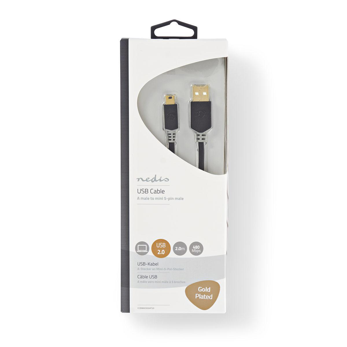 USB-Kabel in Verpackung, schwarz und goldfarbene Stecker.