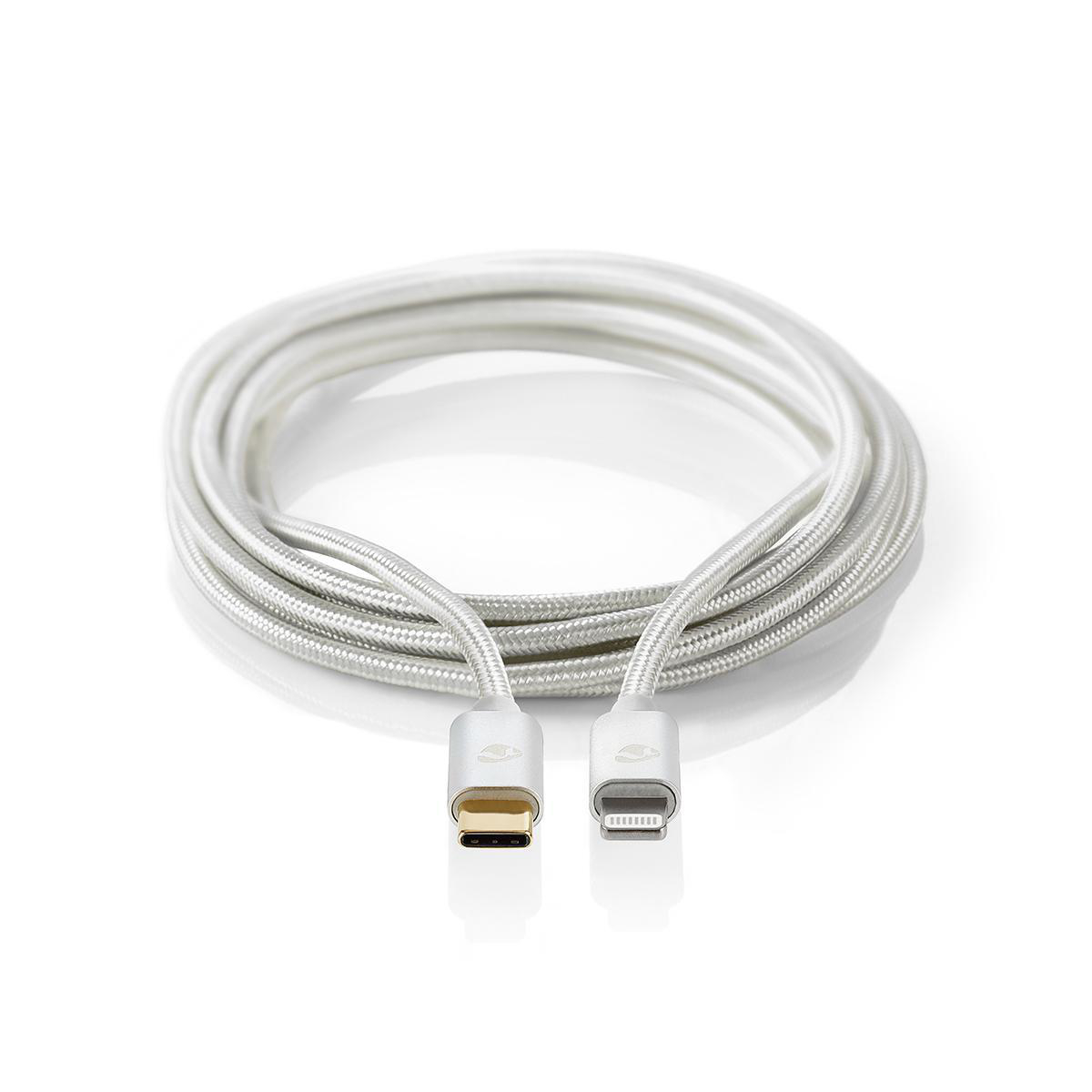 Câble USB-C vers Lightning blanc, enroulé, avec connecteurs aux extrémités.