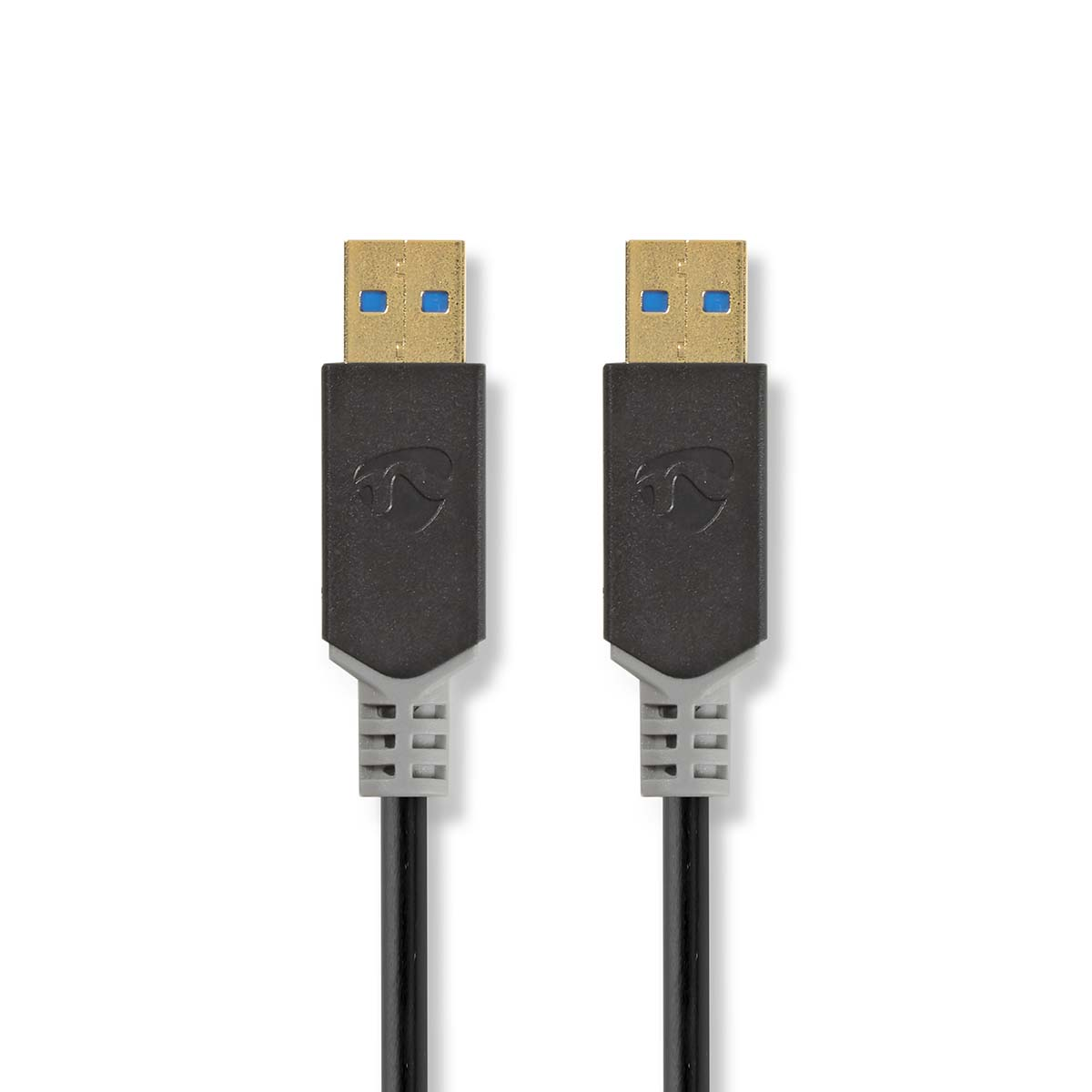 Due cavi USB con connettori neri e interni blu. I cavi sono su sfondo bianco.