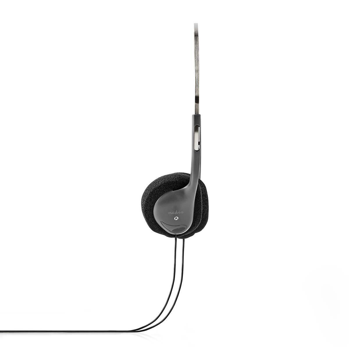 Un casque supra-auriculaire gris. L'écouteur gauche est étiqueté avec 'R'. Le cordon noir s'étend vers le bas.