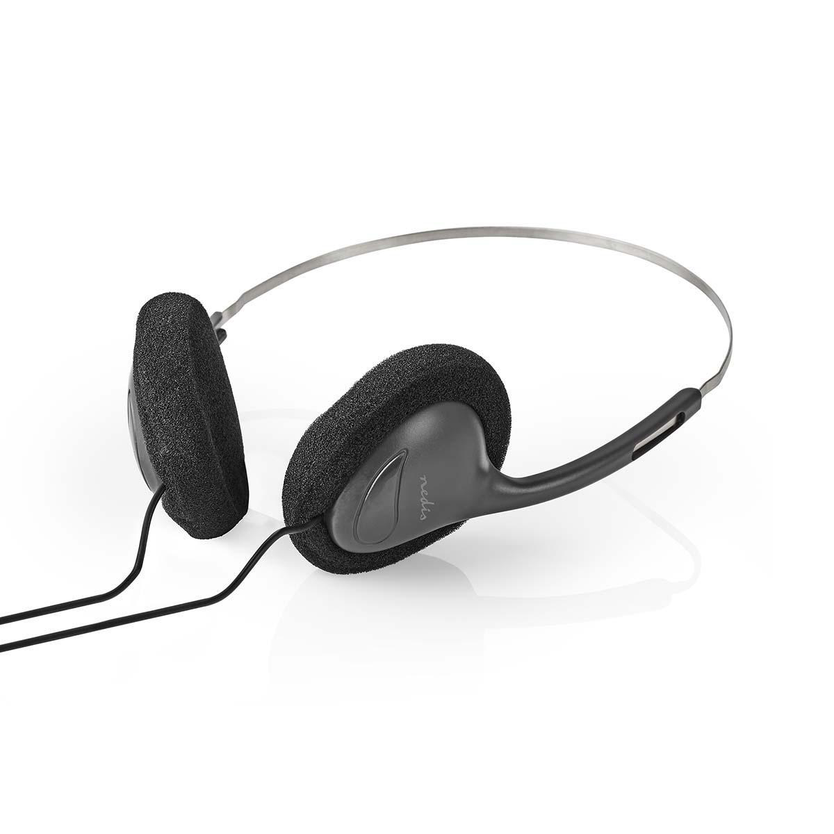 Casque circum-auriculaire noir avec coussinets en mousse gris et un bandeau argenté.