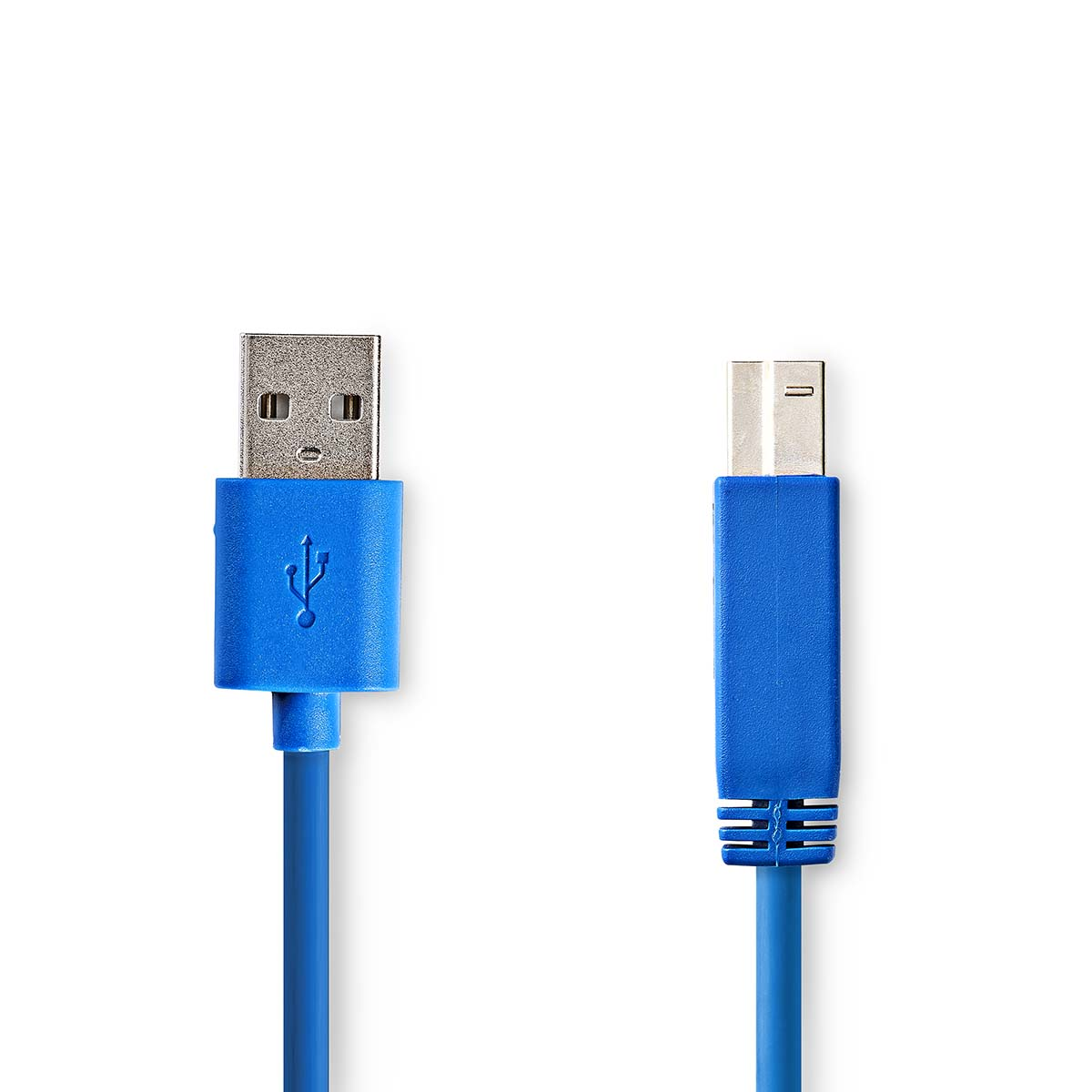 Ein USB-Kabel mit blauen Steckern und weißem Hintergrund.