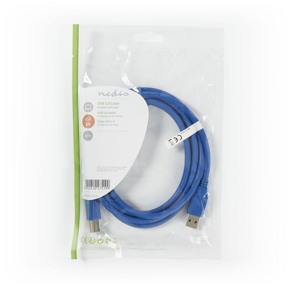 Blaues USB 3.0-Kabel in einer transparenten Kunststoffverpackung mit Produktinformationen.