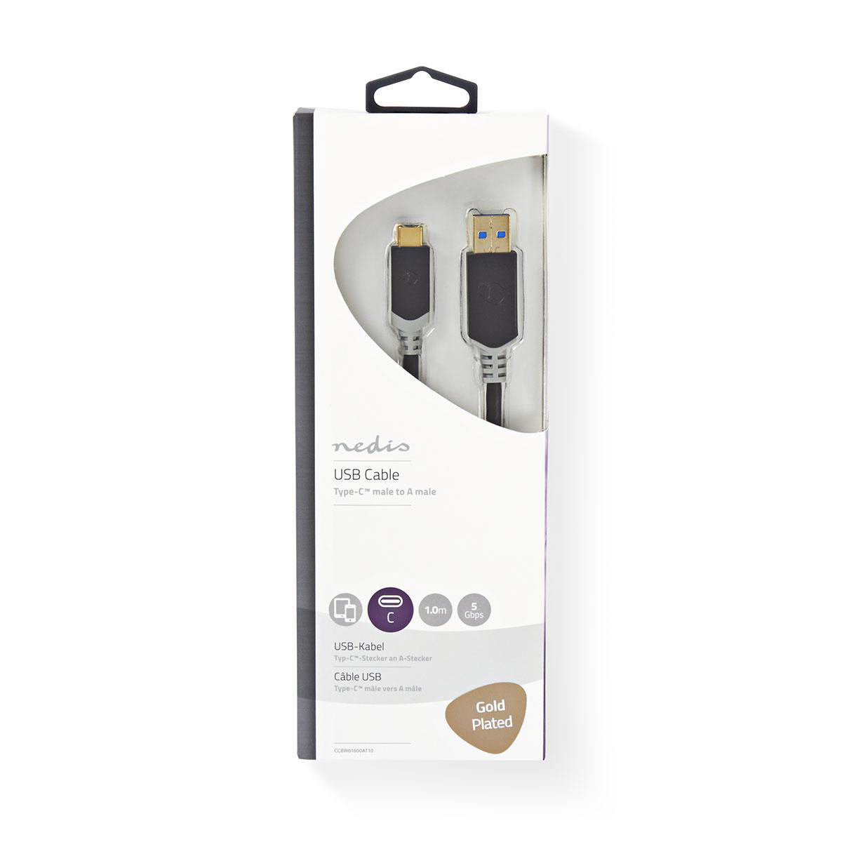 USB cable in packaging: black and gold connectors, white cable, and a black and white box.