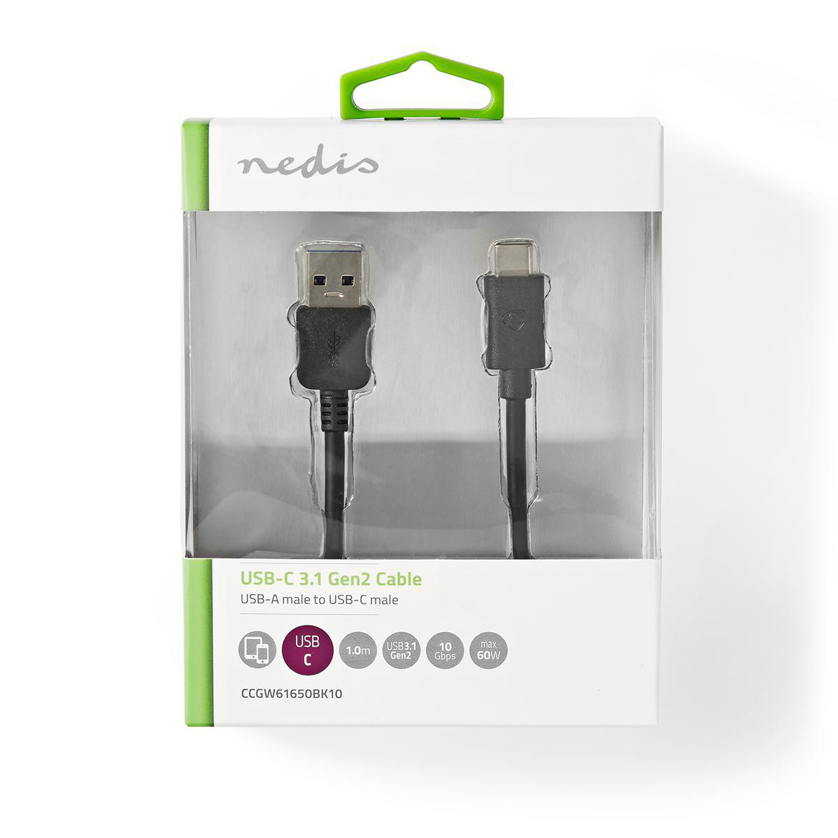 USB-C to USB-A cable in a clear package, with text labels.