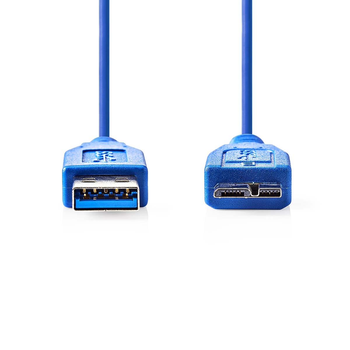 Due cavi USB blu con connettori quadrati, uno con interfaccia USB-A e l'altro con USB-B.