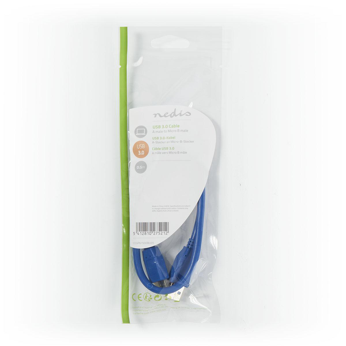 Una confezione di plastica sigillata contenente un cavo USB 3.0 blu, con informazioni sul prodotto.