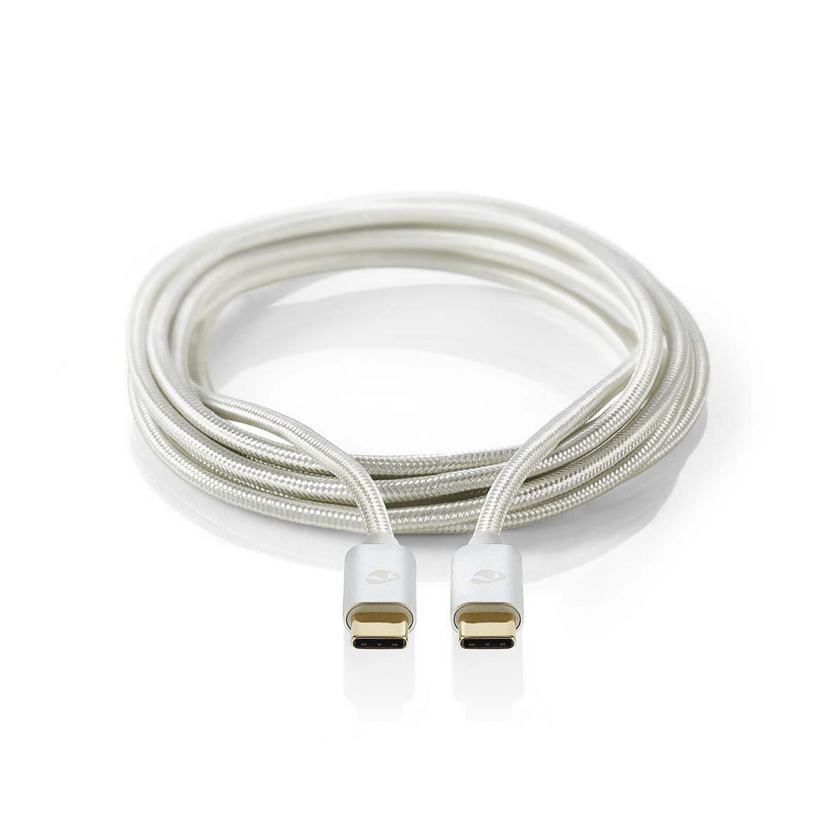 Cavo USB-C bianco, arrotolato, con connettori ad ogni estremità.